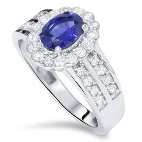 1 1/2ct Oval Sapphire Diamond Halo Ring 14K White Gold