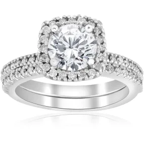 1 1/5ct Diamond Cushion Halo Engagement Ring Wedding Band Set 14k White Gold