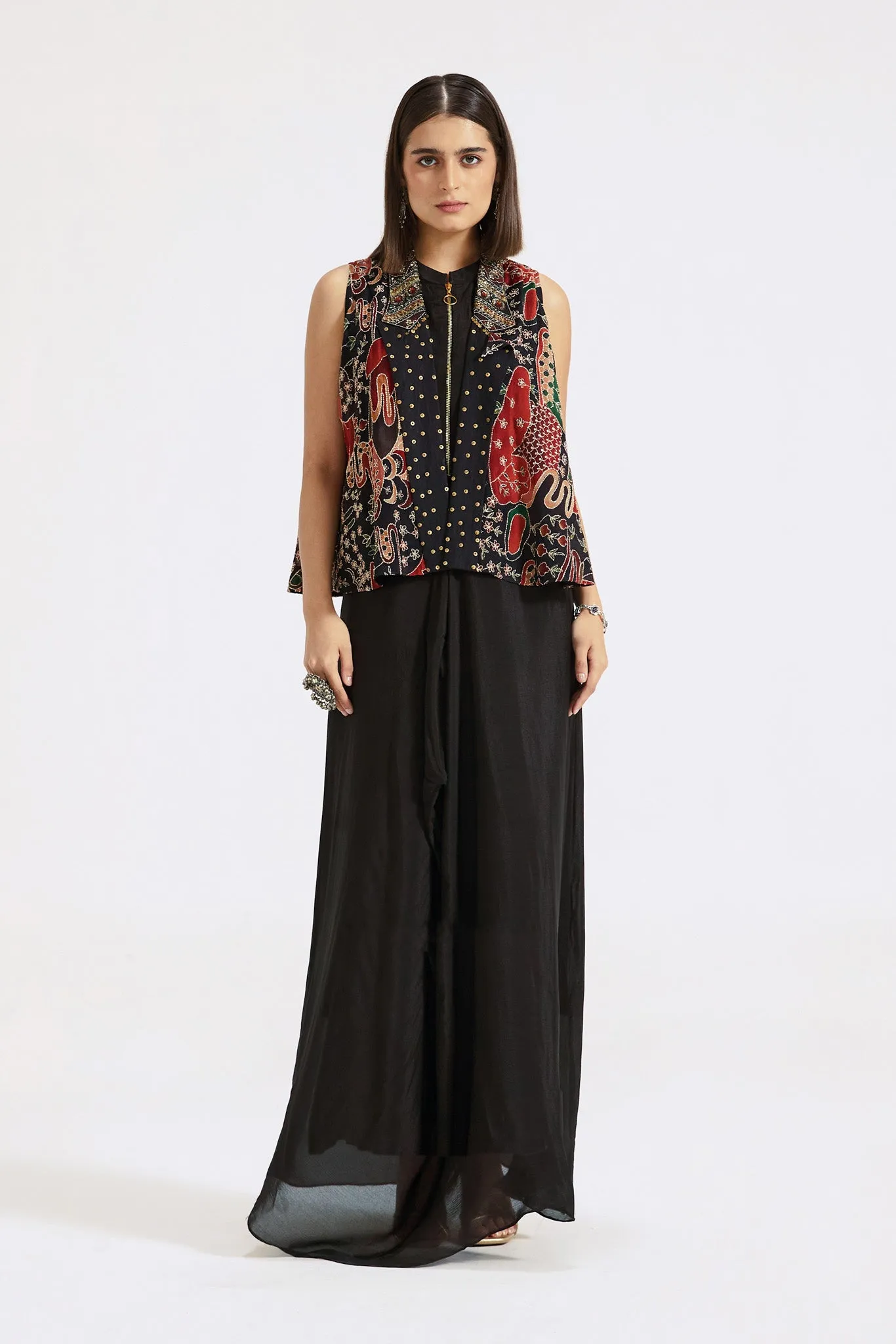 51Z013-RO Black Chinnon Gown With Embroidered Jacket