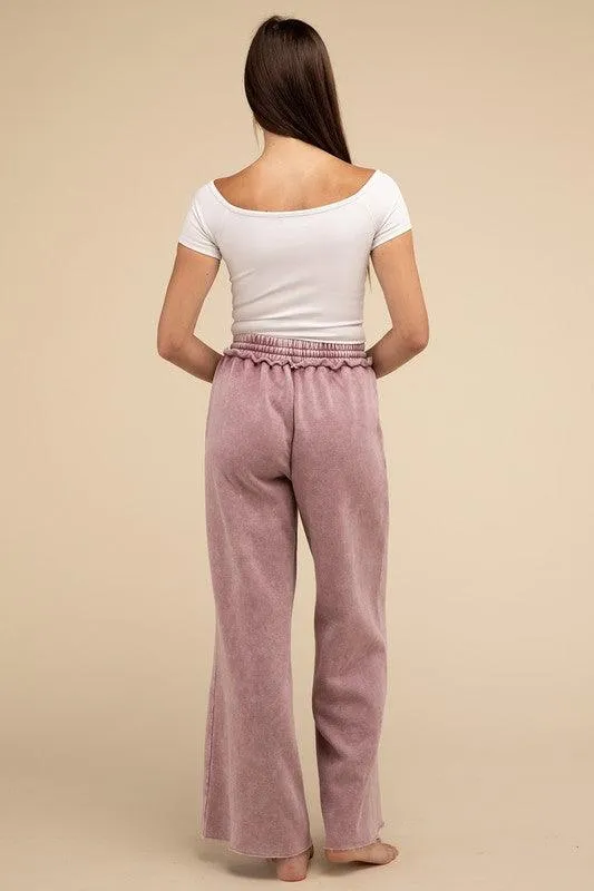 Acid Wash Fleece Palazzo Sweatpants With Pockets