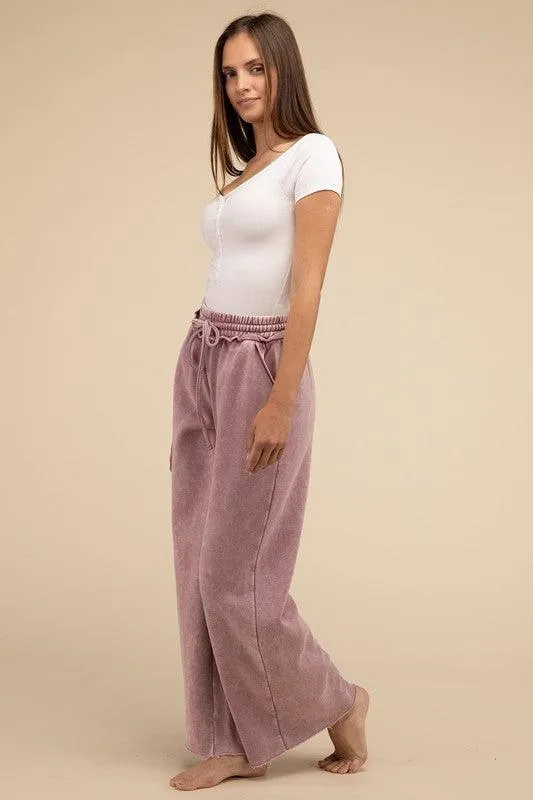 Acid Wash Fleece Palazzo Sweatpants With Pockets