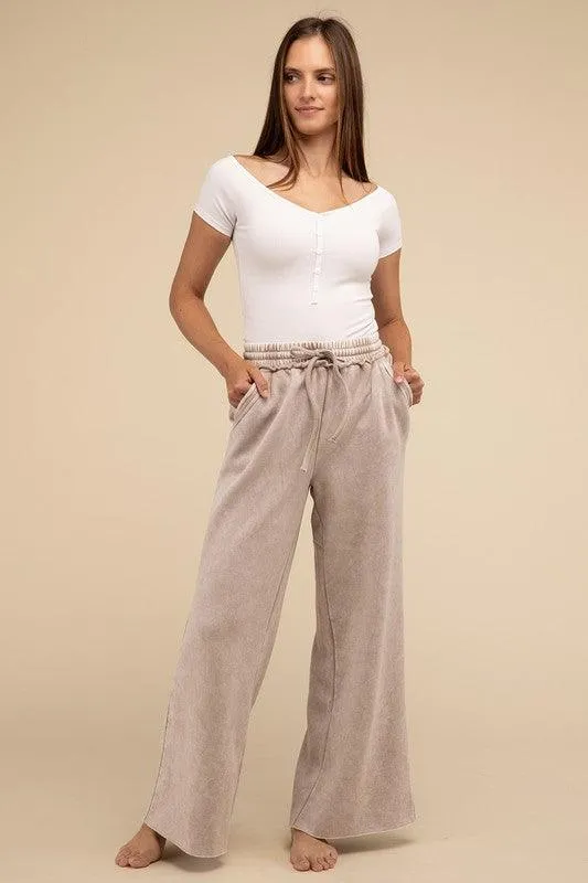 Acid Wash Fleece Palazzo Sweatpants With Pockets