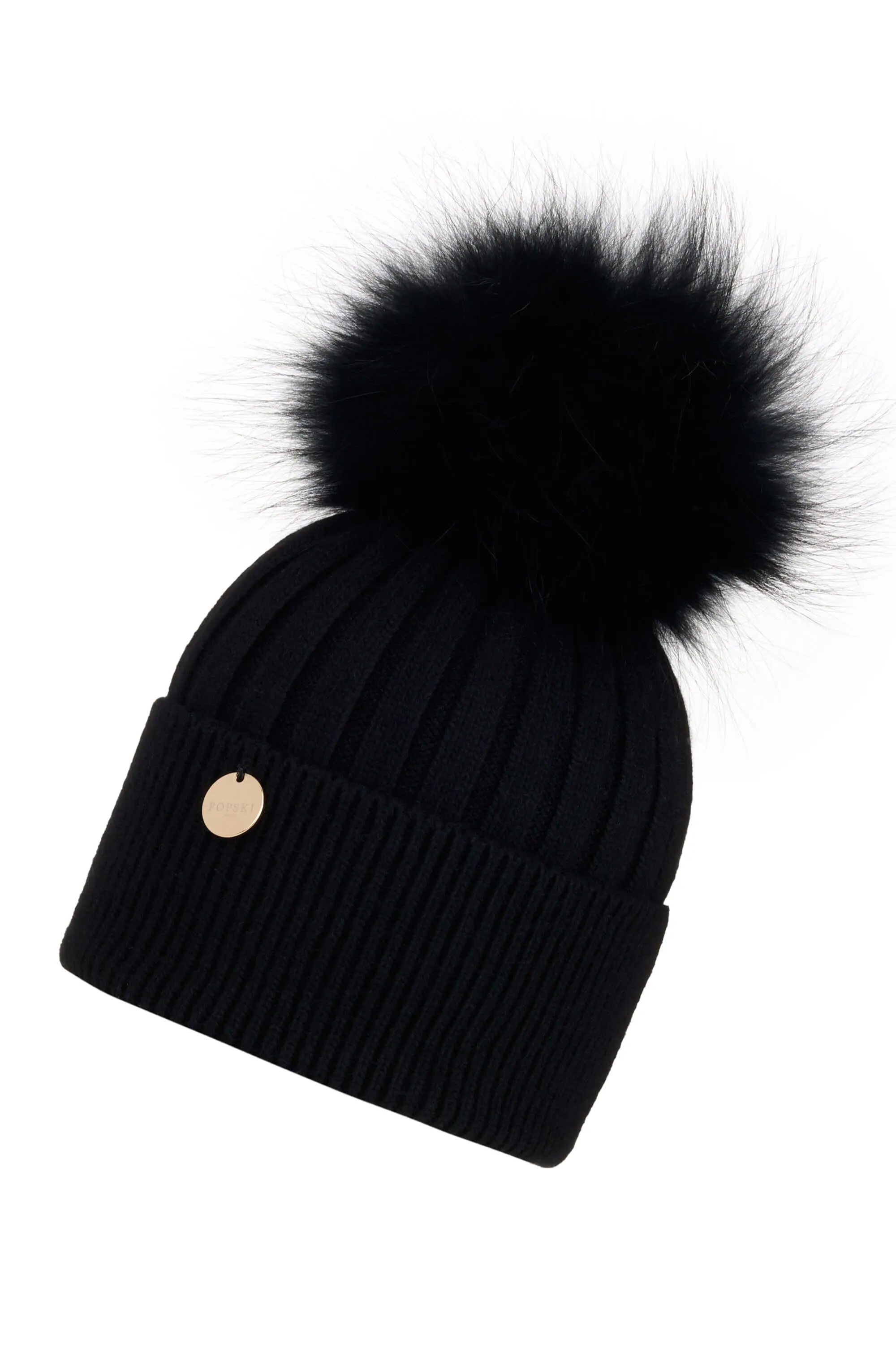 Adults Black Angora Beanie Hat with Black Pom