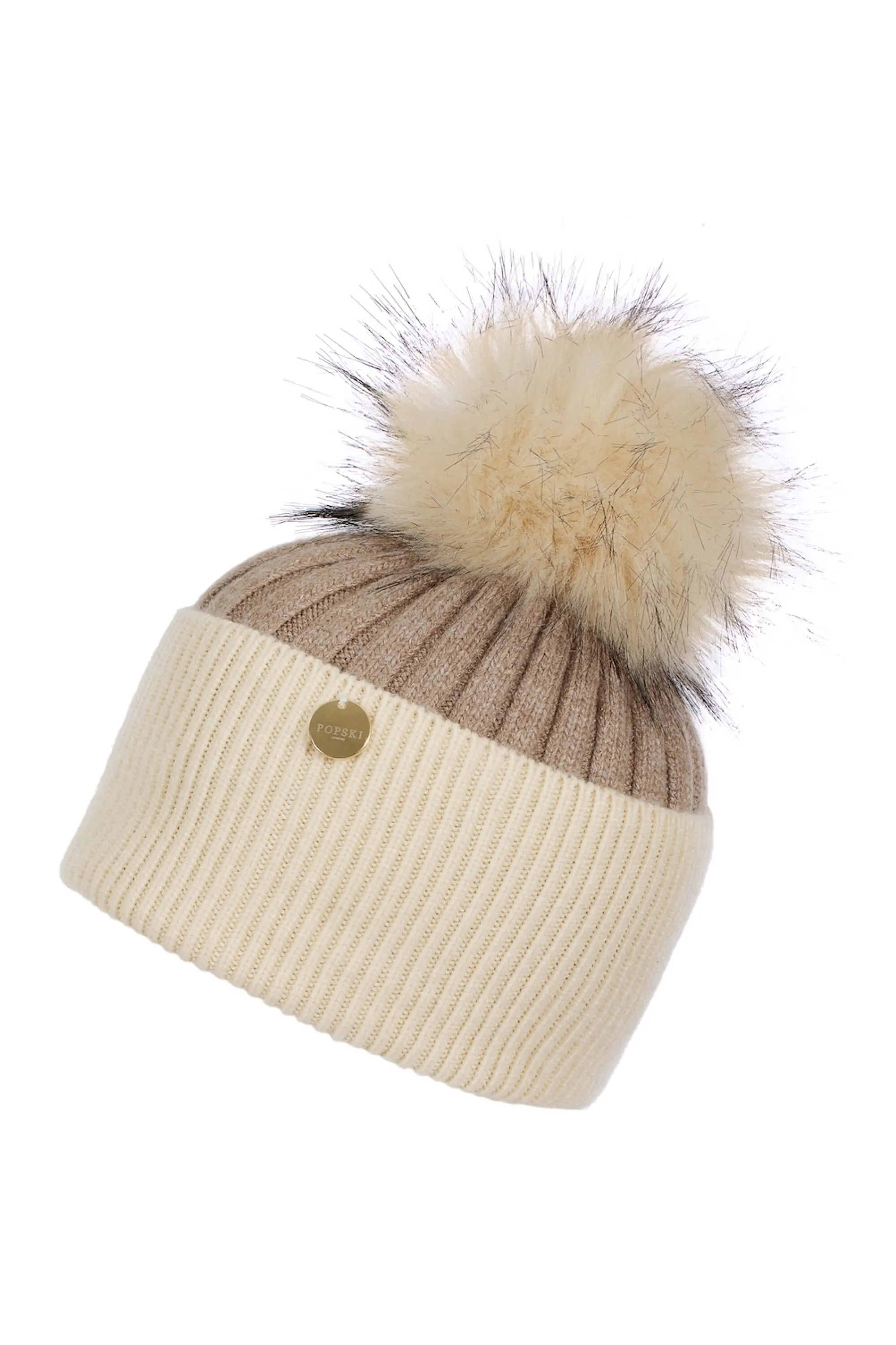 Adults Soft Fawn/Cream Angora Beanie with matching Pom