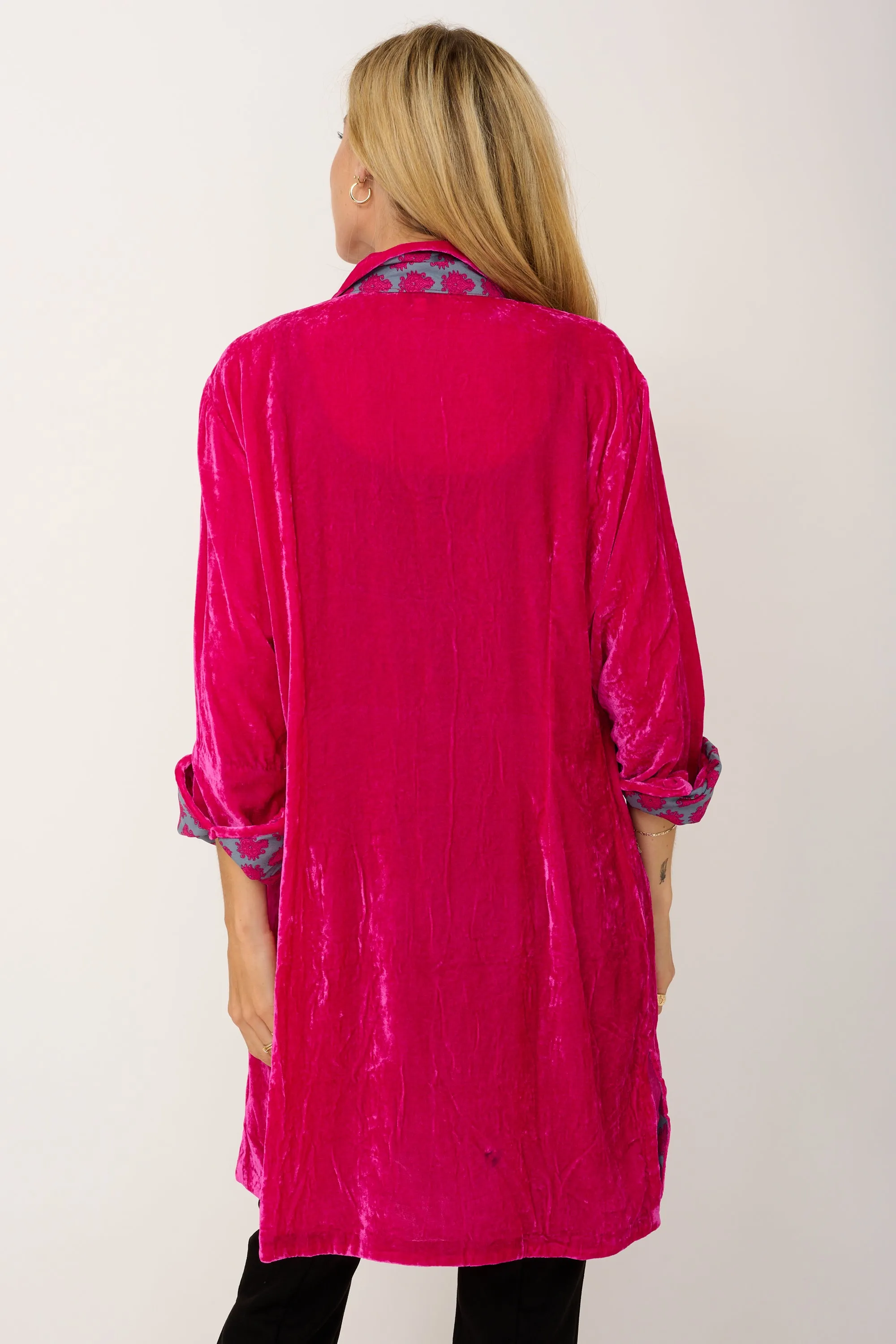 Amanda Silk Velvet Shirt In Hot Pink With Lined Cuff & Collar