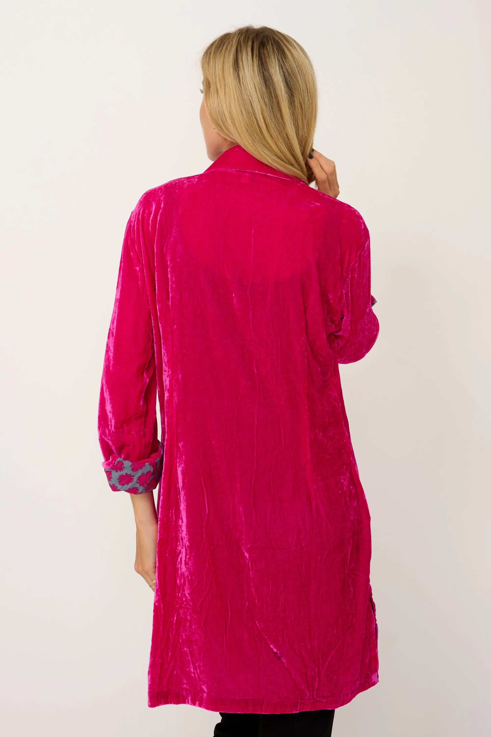 Amanda Silk Velvet Shirt In Hot Pink With Lined Cuff & Collar