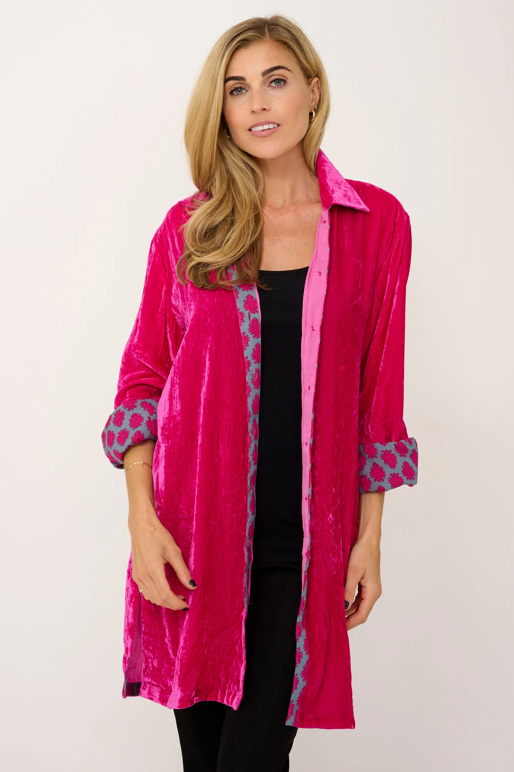 Amanda Silk Velvet Shirt In Hot Pink With Lined Cuff & Collar