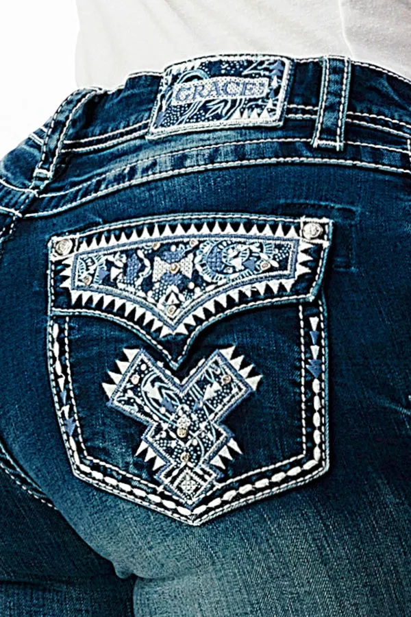 Aztec Faux Flap Embellishment Mid Rise Bootcut Jeans