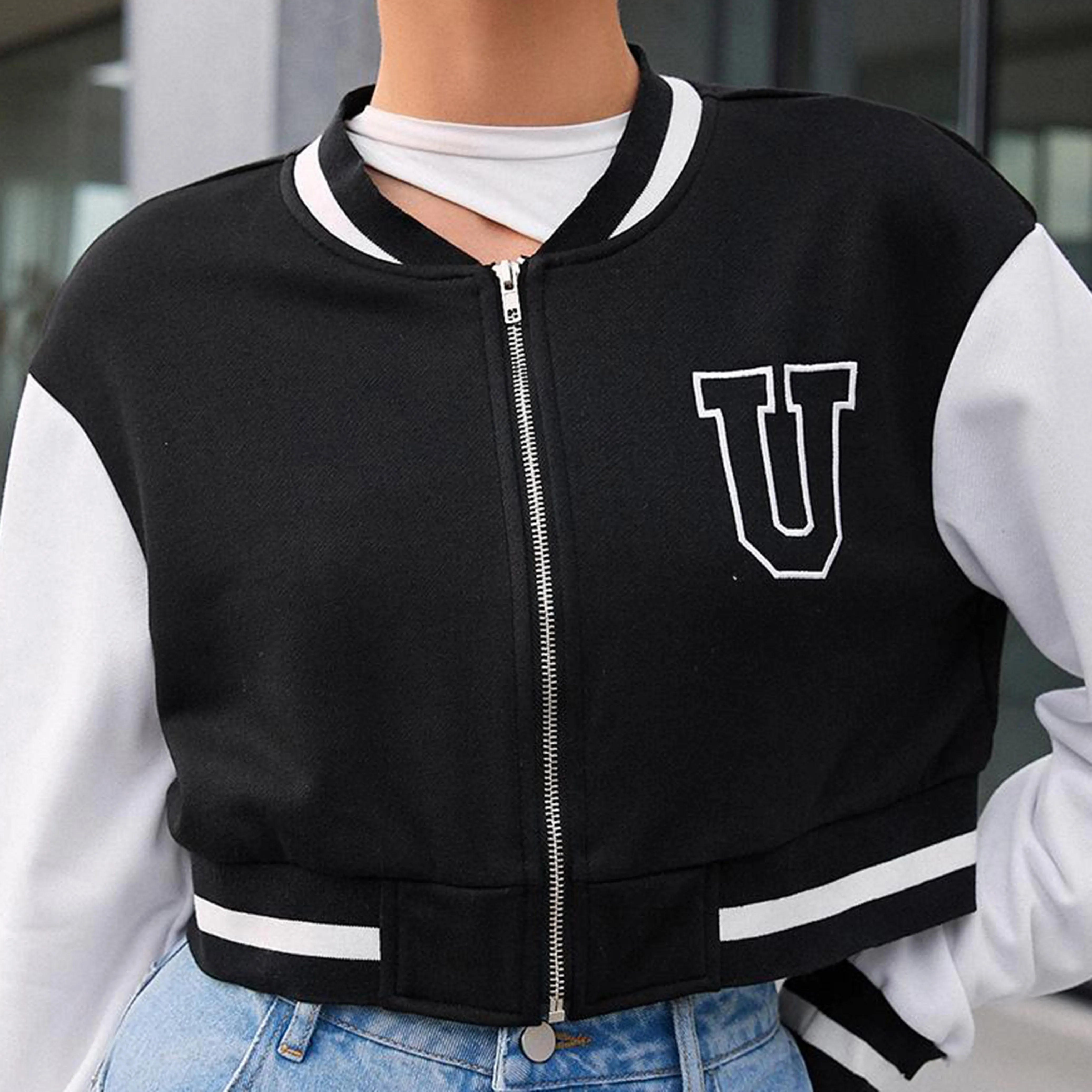 Black Crop-Varsity -Bomber-Jacket