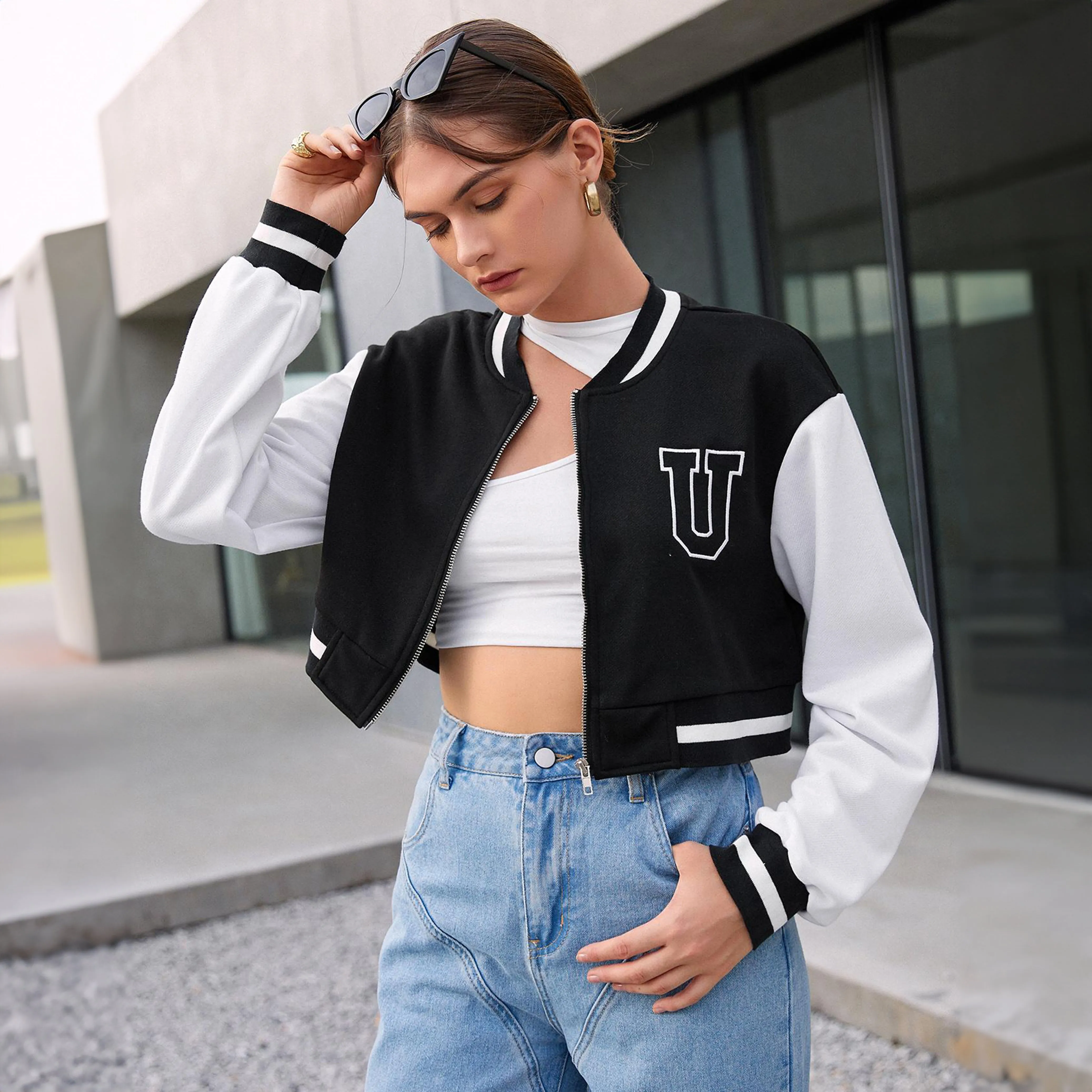 Black Crop-Varsity -Bomber-Jacket