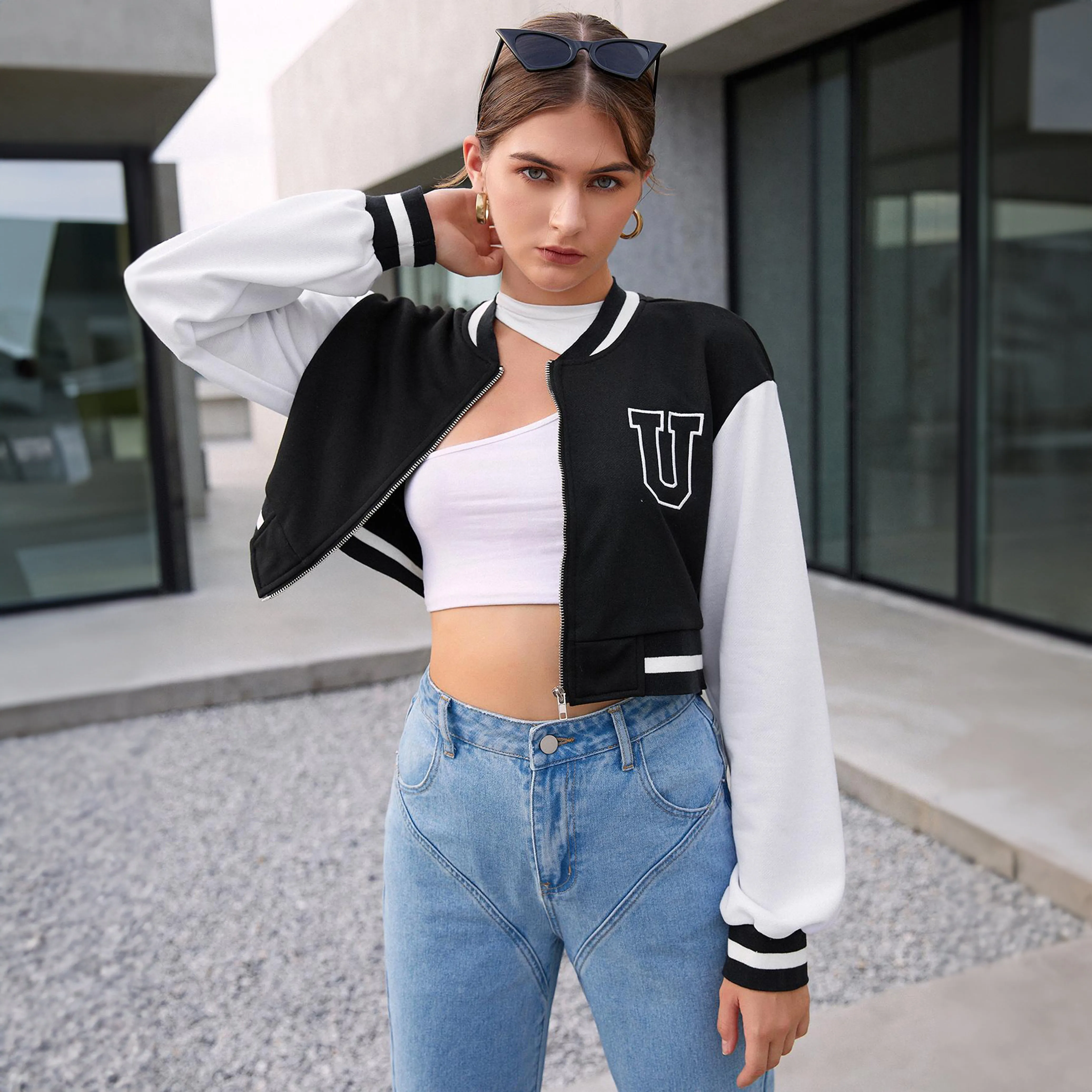 Black Crop-Varsity -Bomber-Jacket