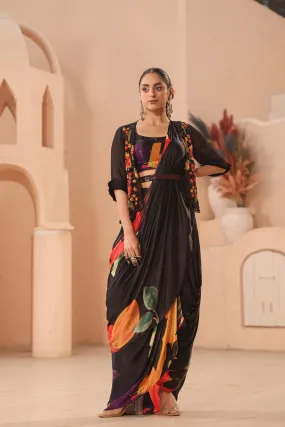 Black Floral Printed Satin Georgette Silk Drape Saree