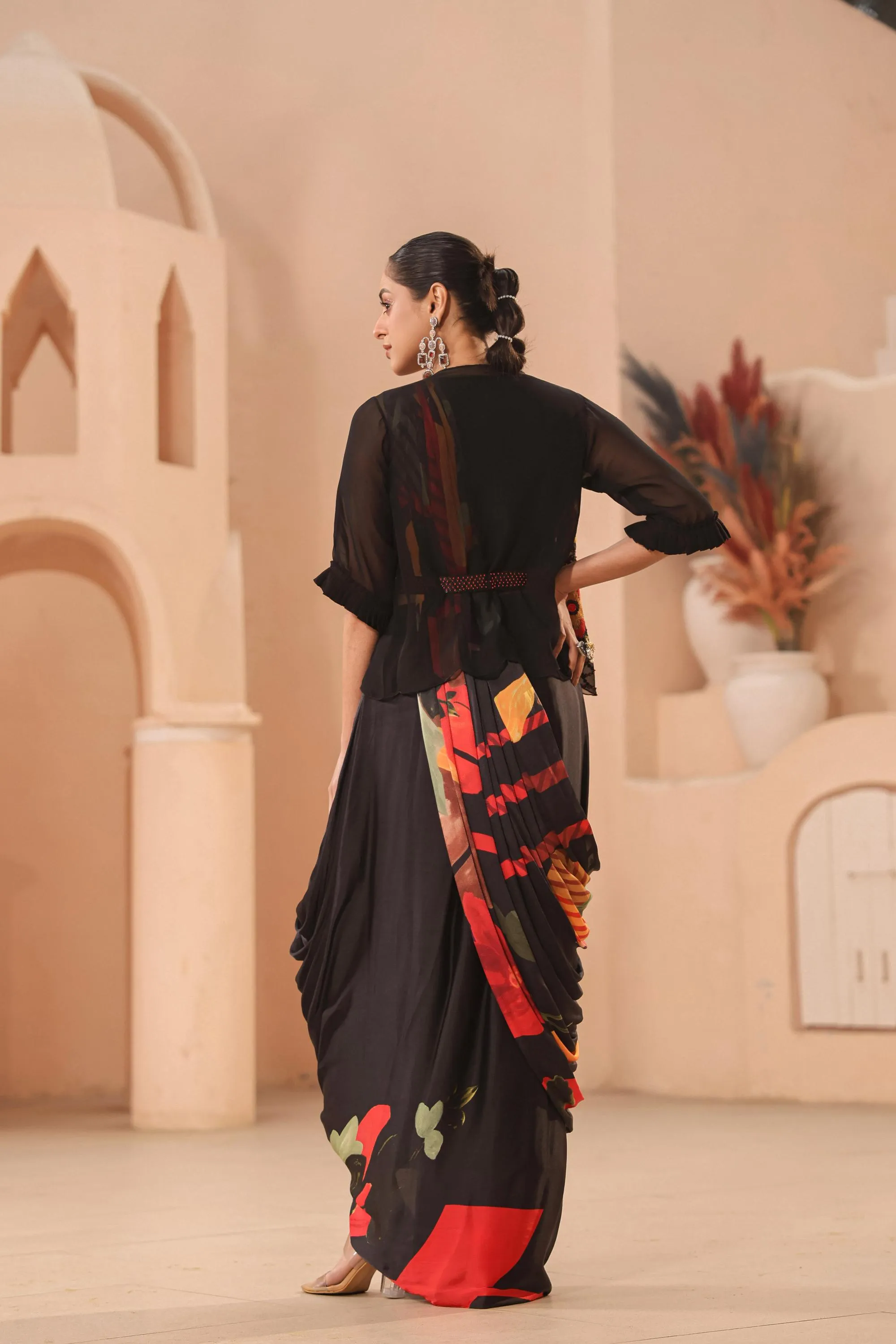 Black Floral Printed Satin Georgette Silk Drape Saree