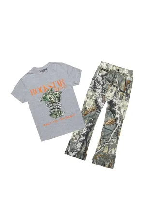 Boys Kayson Tree Camo T-Shirt/Stacked Flare Jean Set