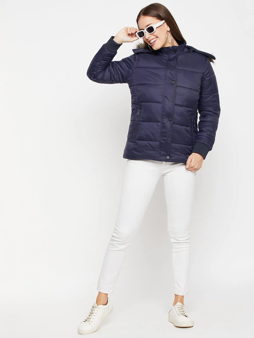 Cantabil Blue Full Sleeves Detachable Hooded Neck Puffer Casual Jacket For Women