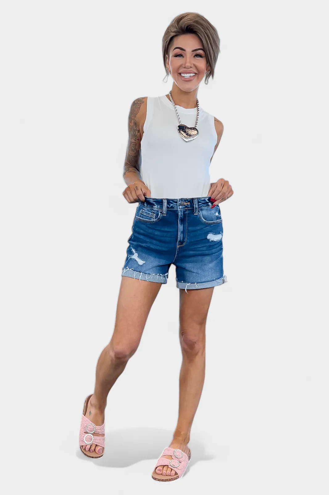 Dark Wash Cuffed Raw Hem Denim Shorts