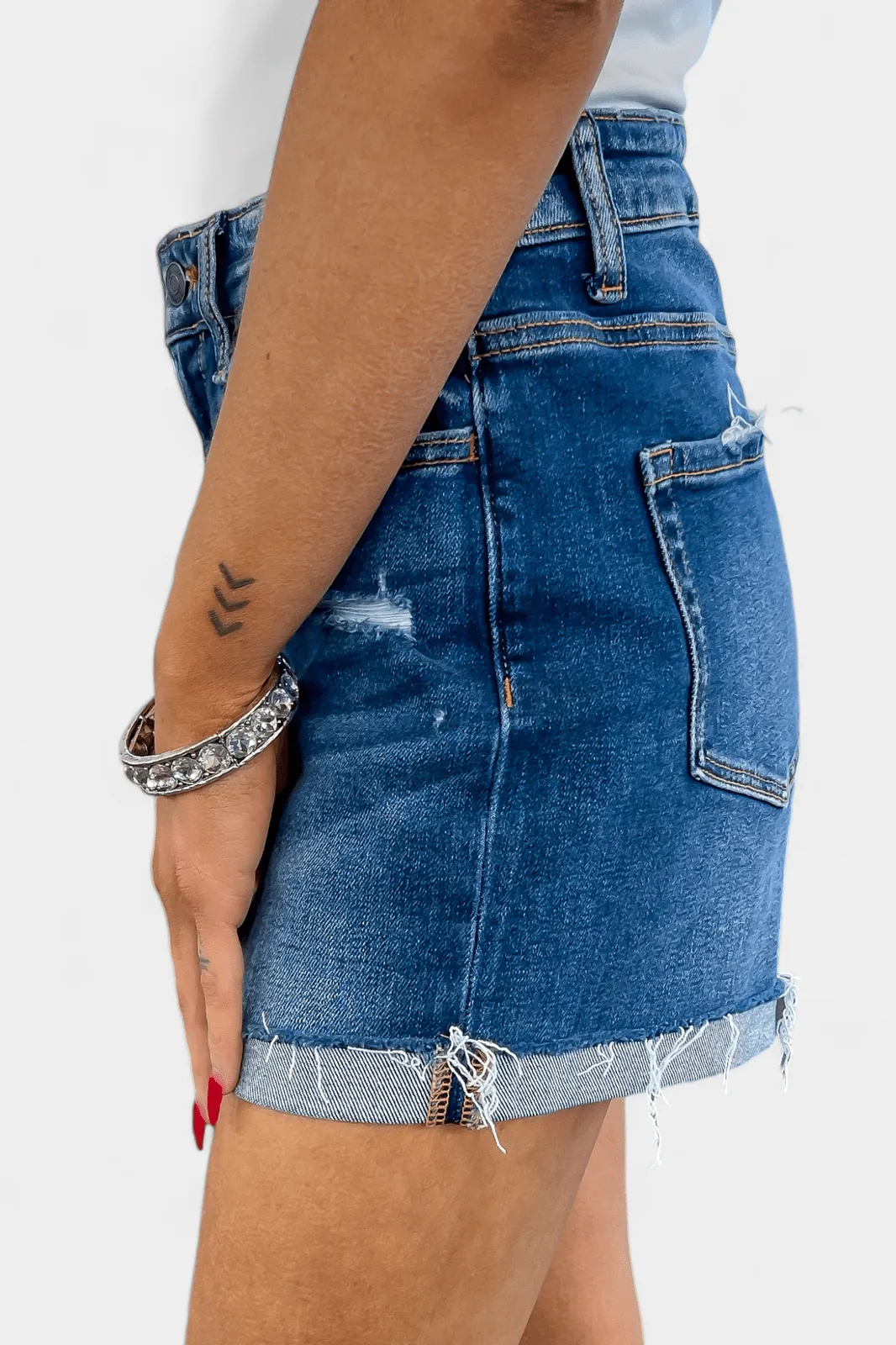 Dark Wash Cuffed Raw Hem Denim Shorts