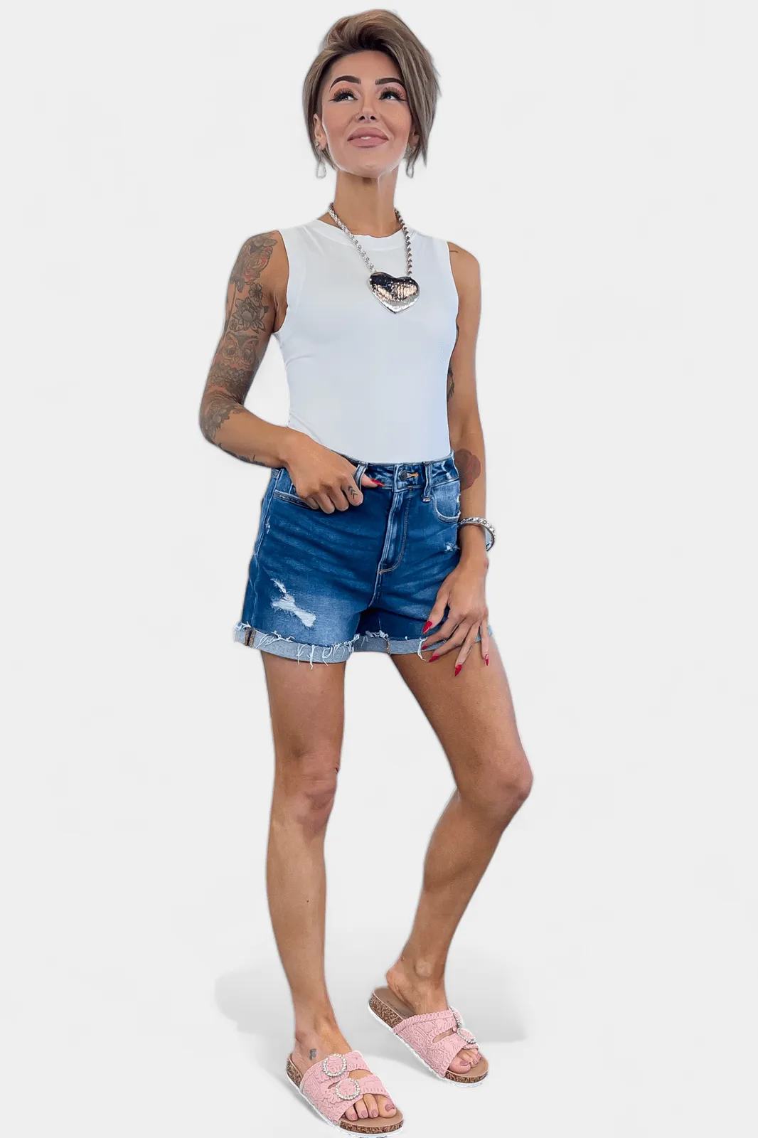 Dark Wash Cuffed Raw Hem Denim Shorts