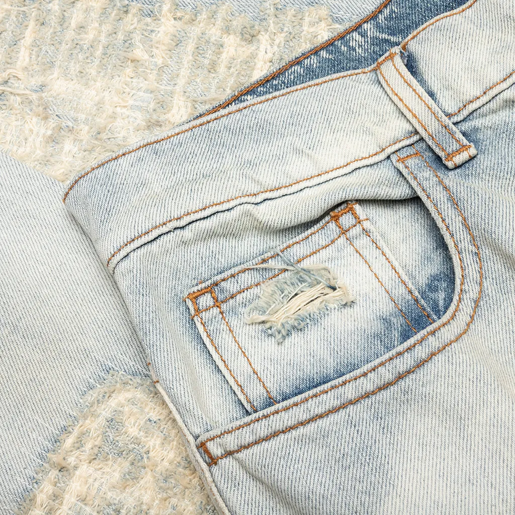 Destroyed Embroidery Jean - Tan Denim Blue