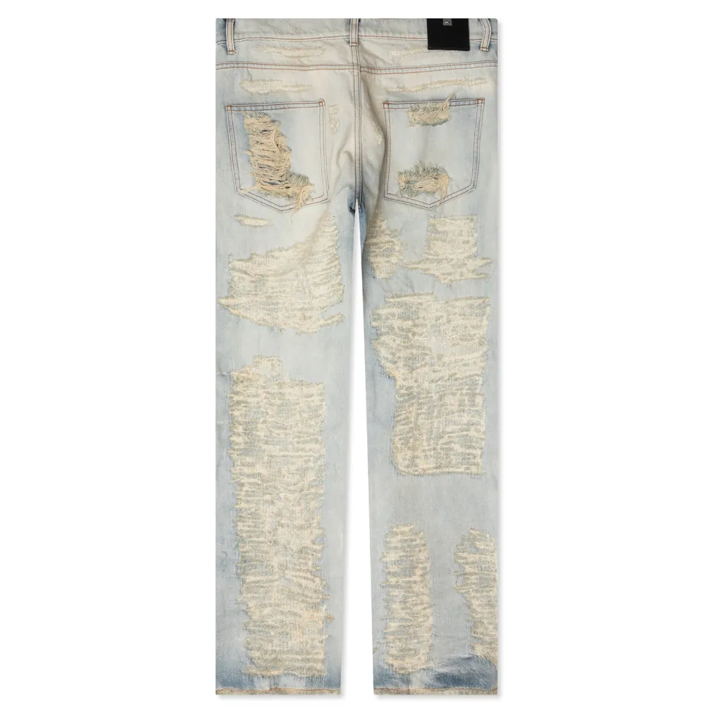 Destroyed Embroidery Jean - Tan Denim Blue