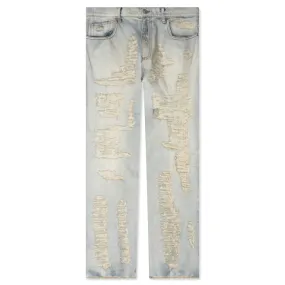 Destroyed Embroidery Jean - Tan Denim Blue