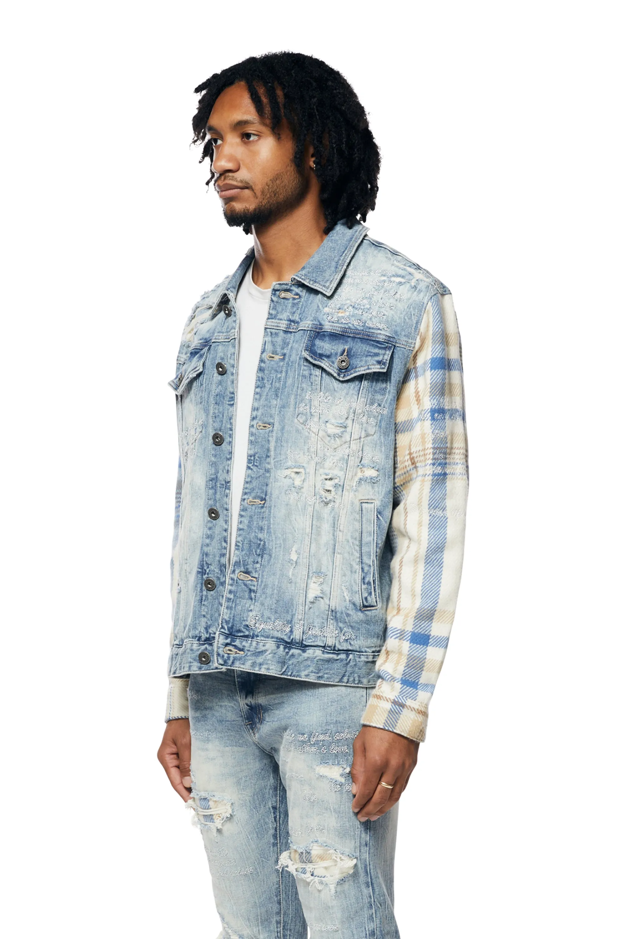 Embroidered Plaid Backed Jean Jacket - Lowell Blue