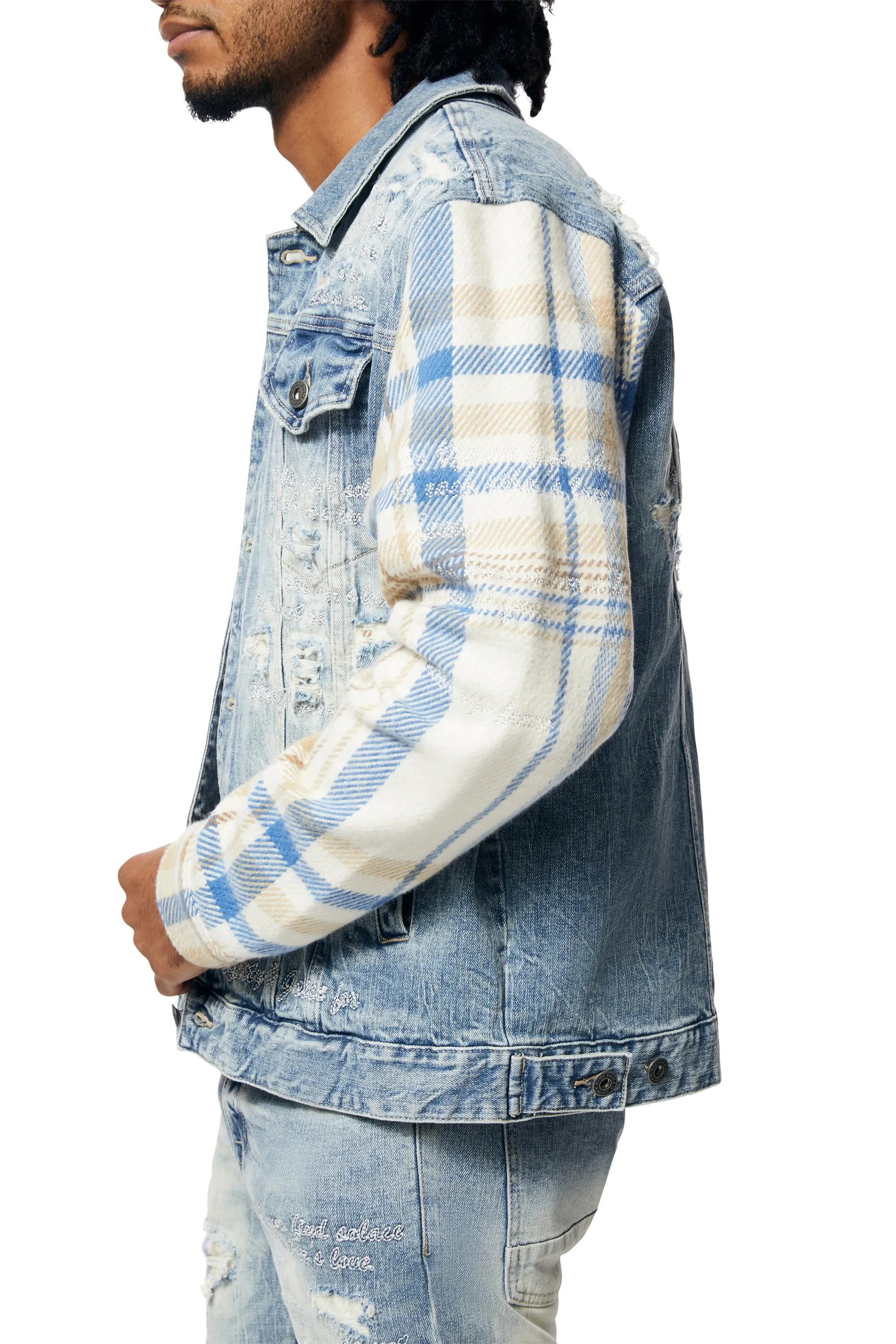 Embroidered Plaid Backed Jean Jacket - Lowell Blue