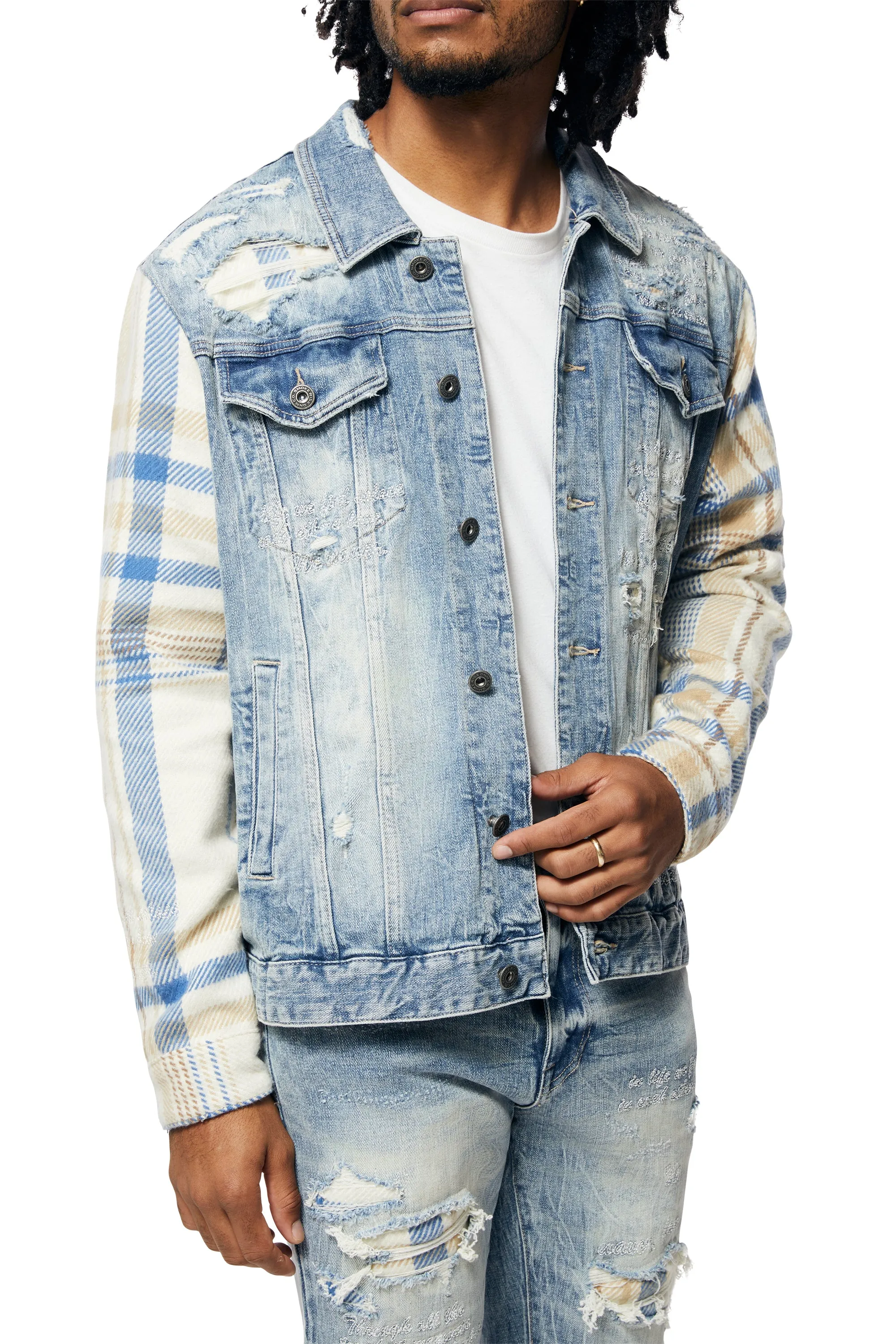 Embroidered Plaid Backed Jean Jacket - Lowell Blue