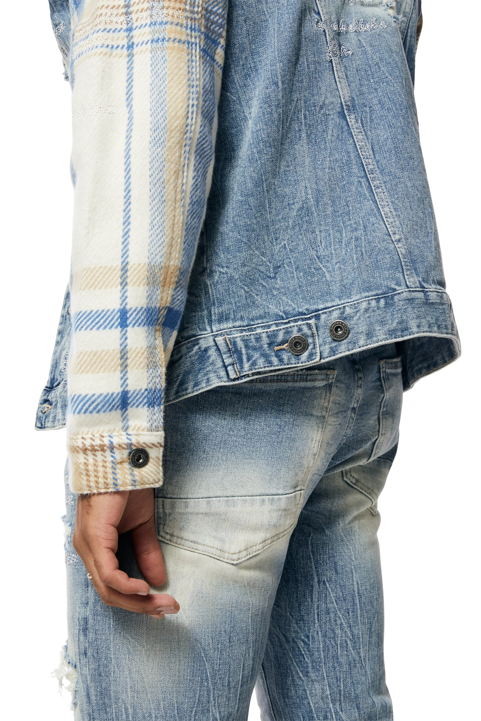 Embroidered Plaid Backed Jean Jacket - Lowell Blue