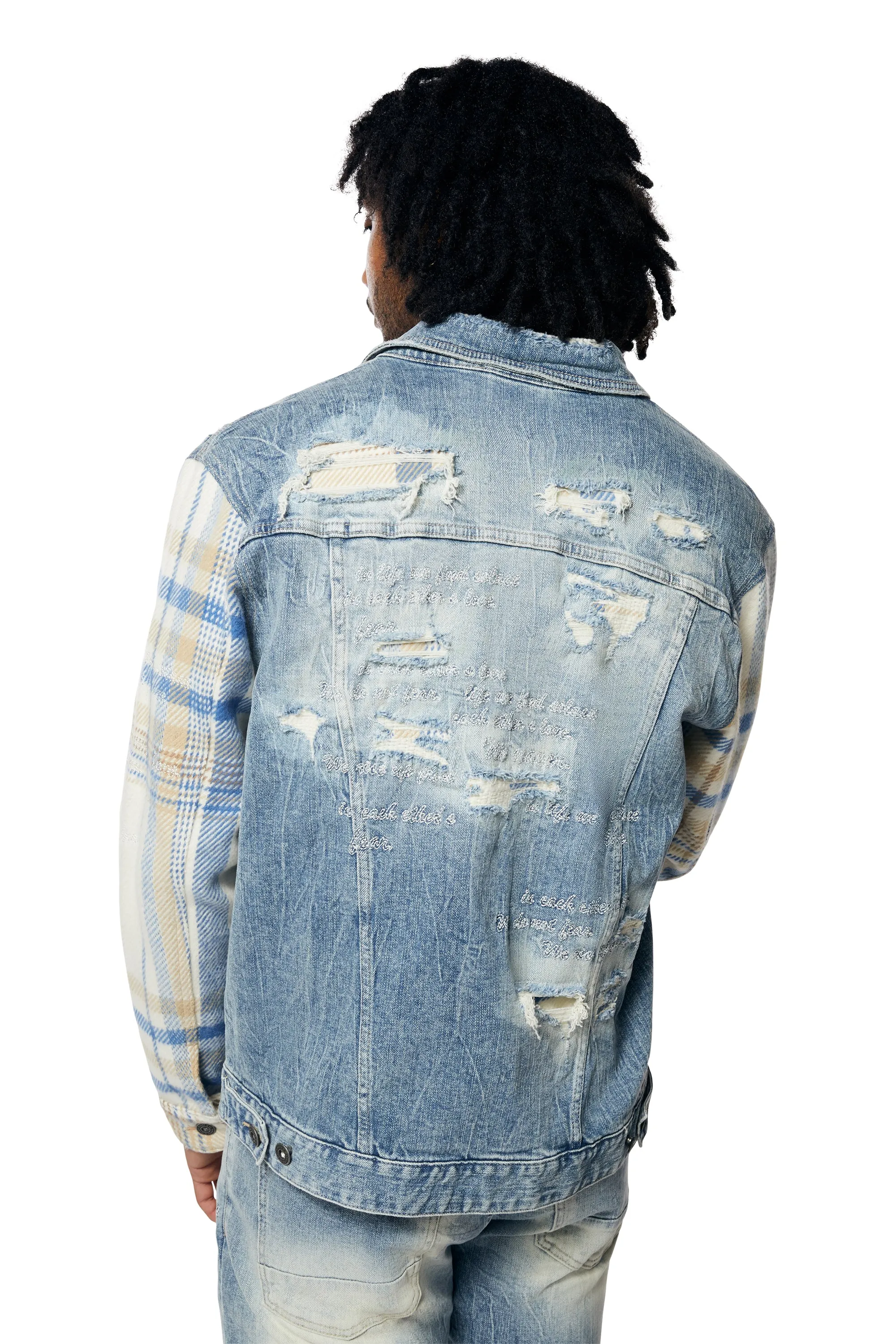 Embroidered Plaid Backed Jean Jacket - Lowell Blue