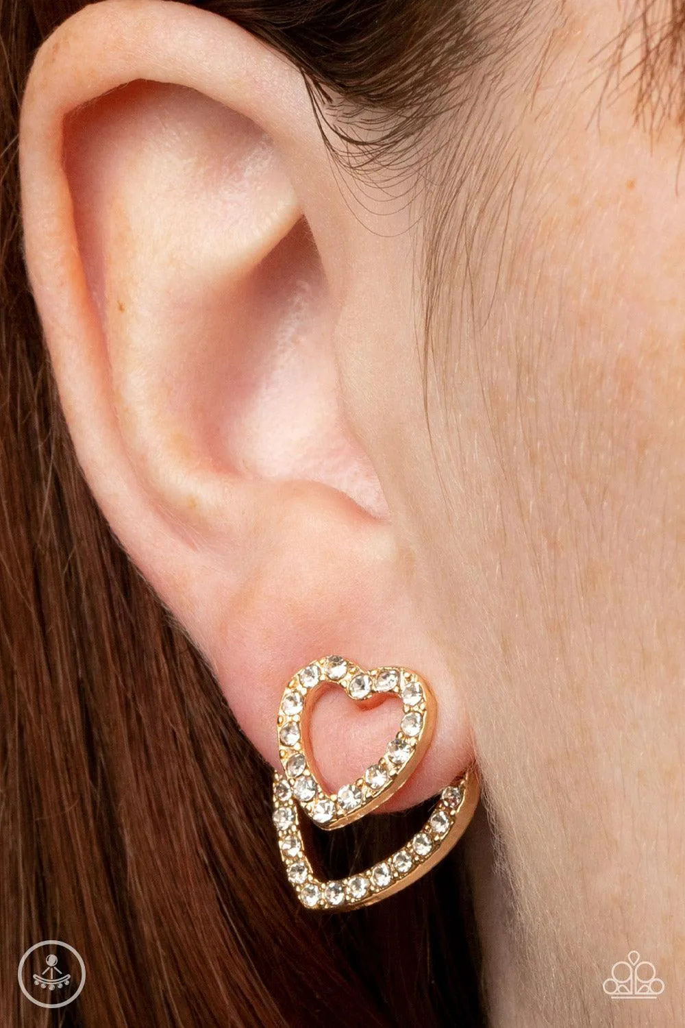 Ever Enamored Gold and White Rhinestone Heart Earrings - Paparazzi Accessories