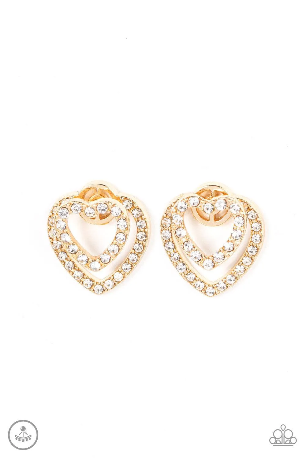 Ever Enamored Gold and White Rhinestone Heart Earrings - Paparazzi Accessories