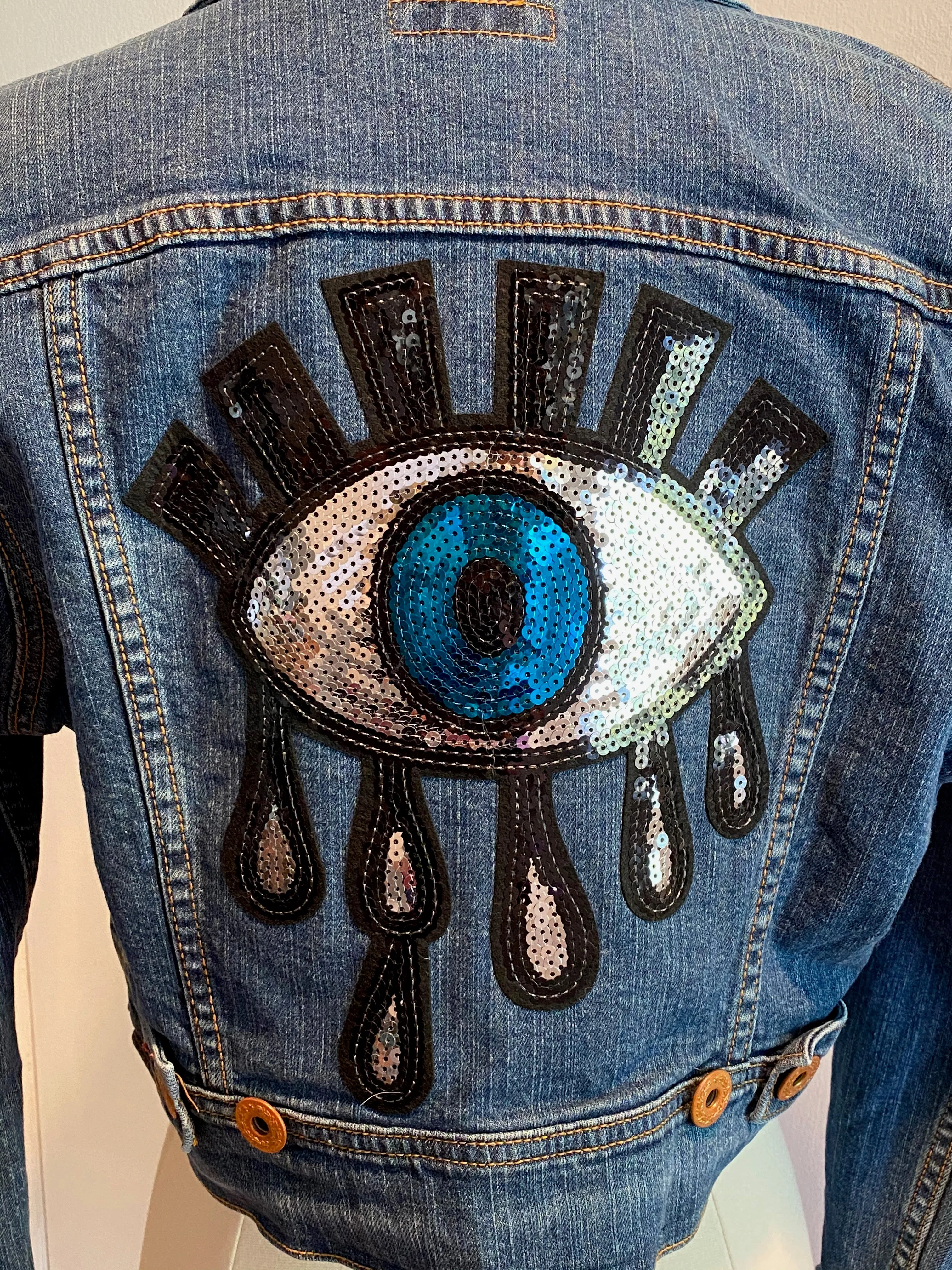 Evil Eye Sequin Jean Jacket Size M/L