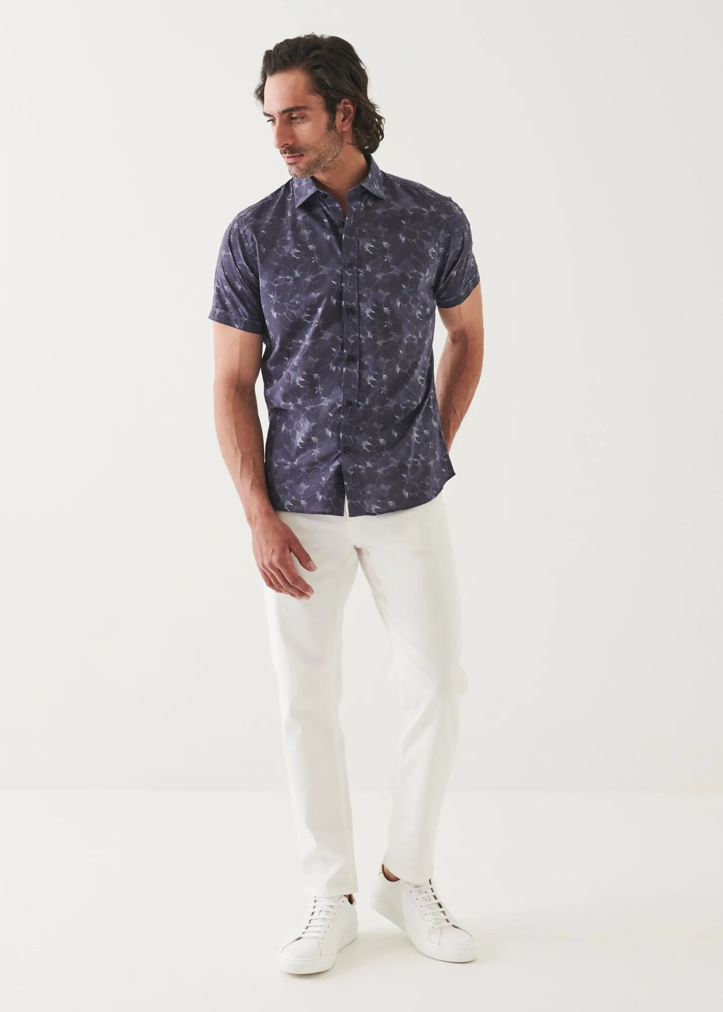 FADED FLORAL PRINT COTTON SHORT SLEEVE SHIRT