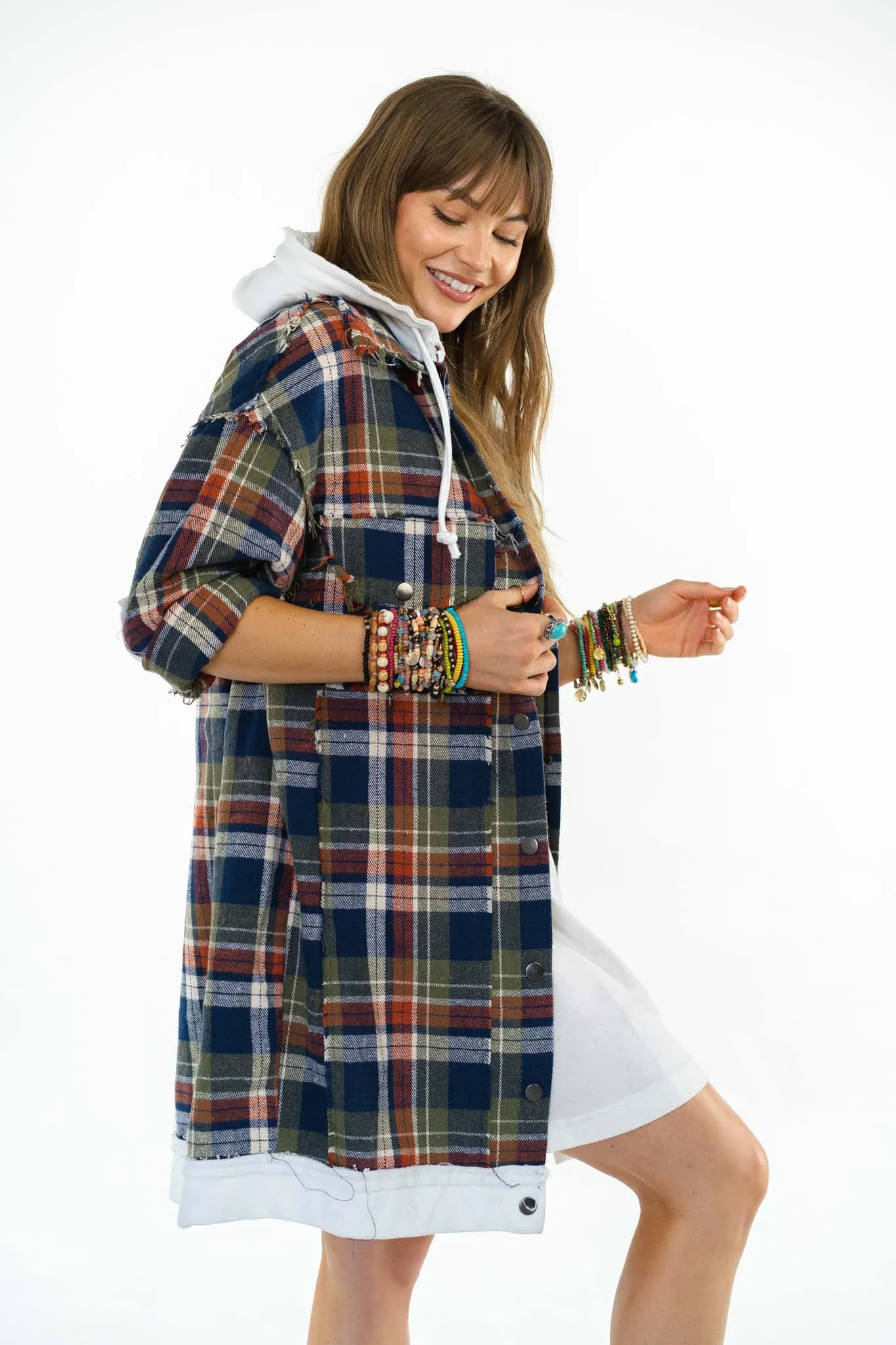 Flannel Layers Hooded Jacket - Navy Multi