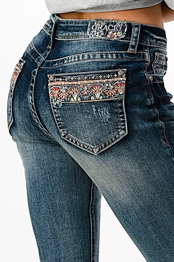 Floral Embroidery with Hem Detail Mid Rise Skinny Jeans