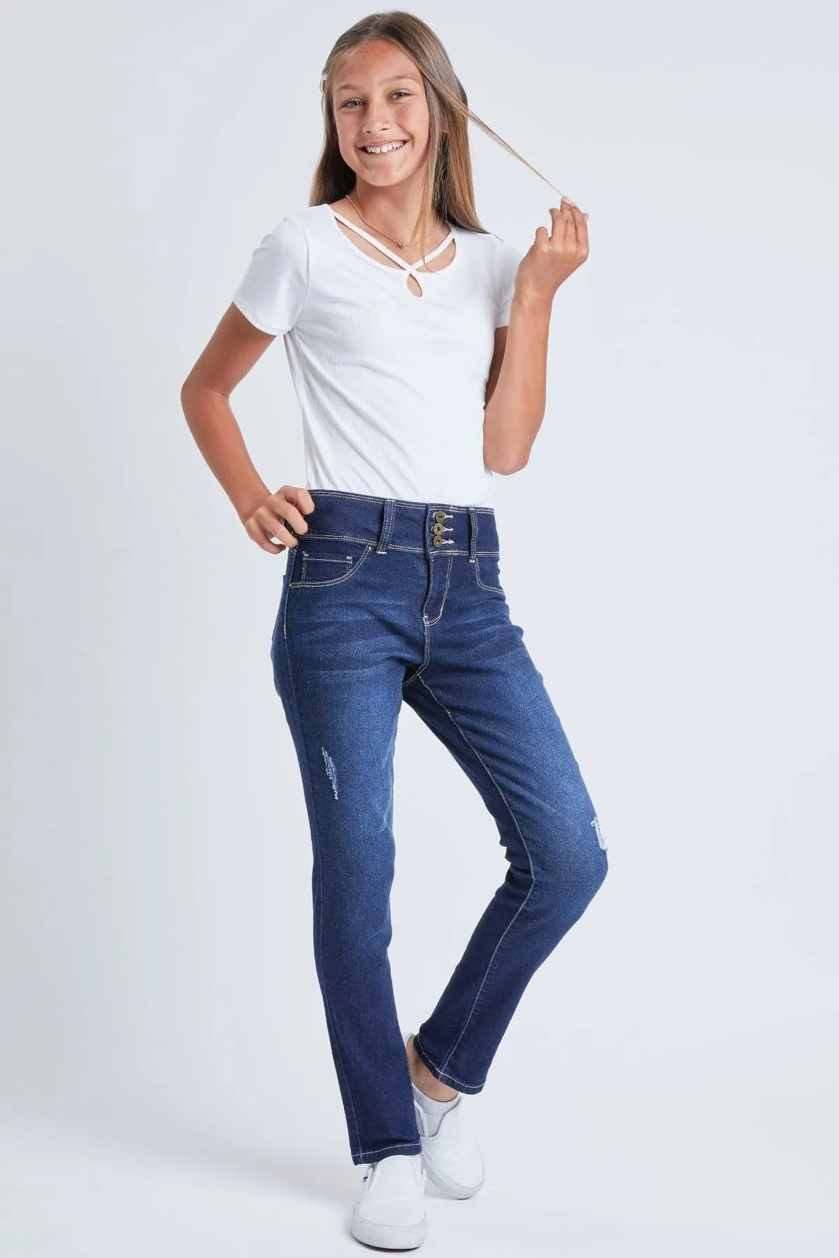 Girls 3 Button Essential Skinny Jeans With Faux Front Pockets