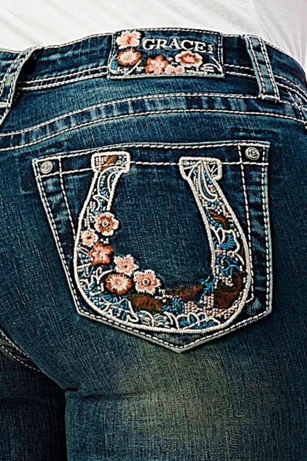 Horse Shoe Modify Floral Embroidery Mid Rise Bootcut Jeans