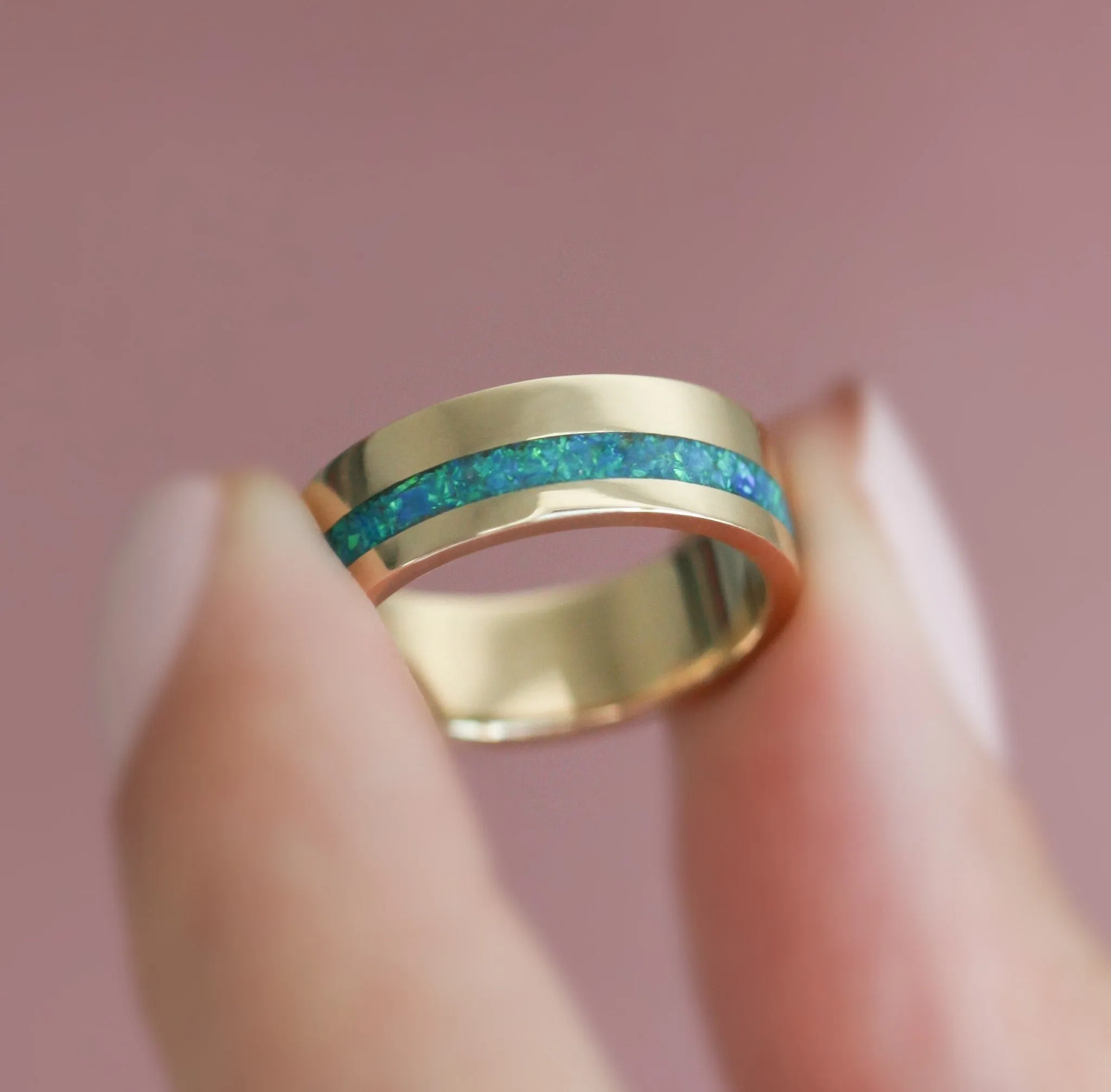 Jean Men'S Wedding Band With Peacock Opal Inlay