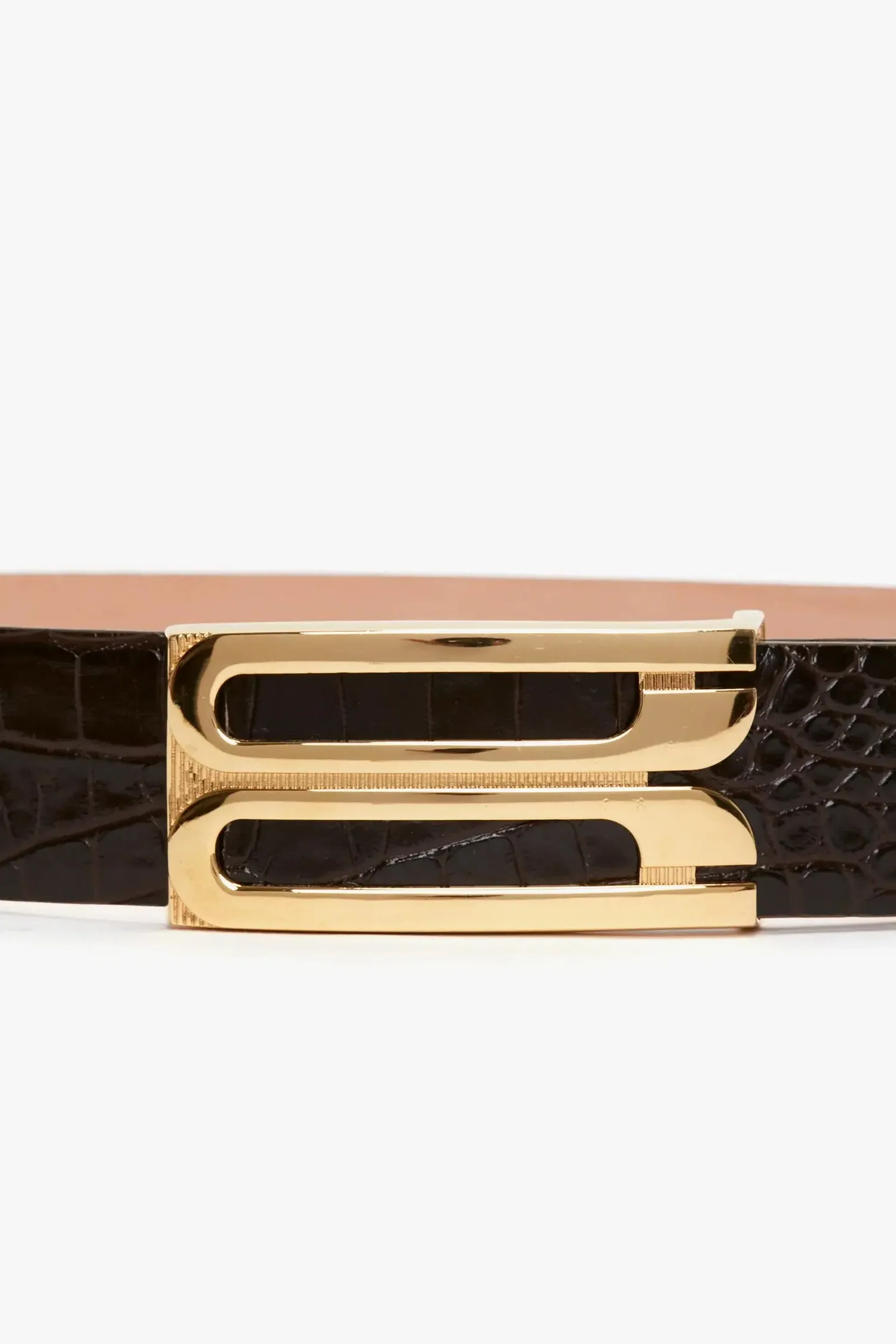 Jumbo Frame Belt In Chocolate Croc-Effect Leather