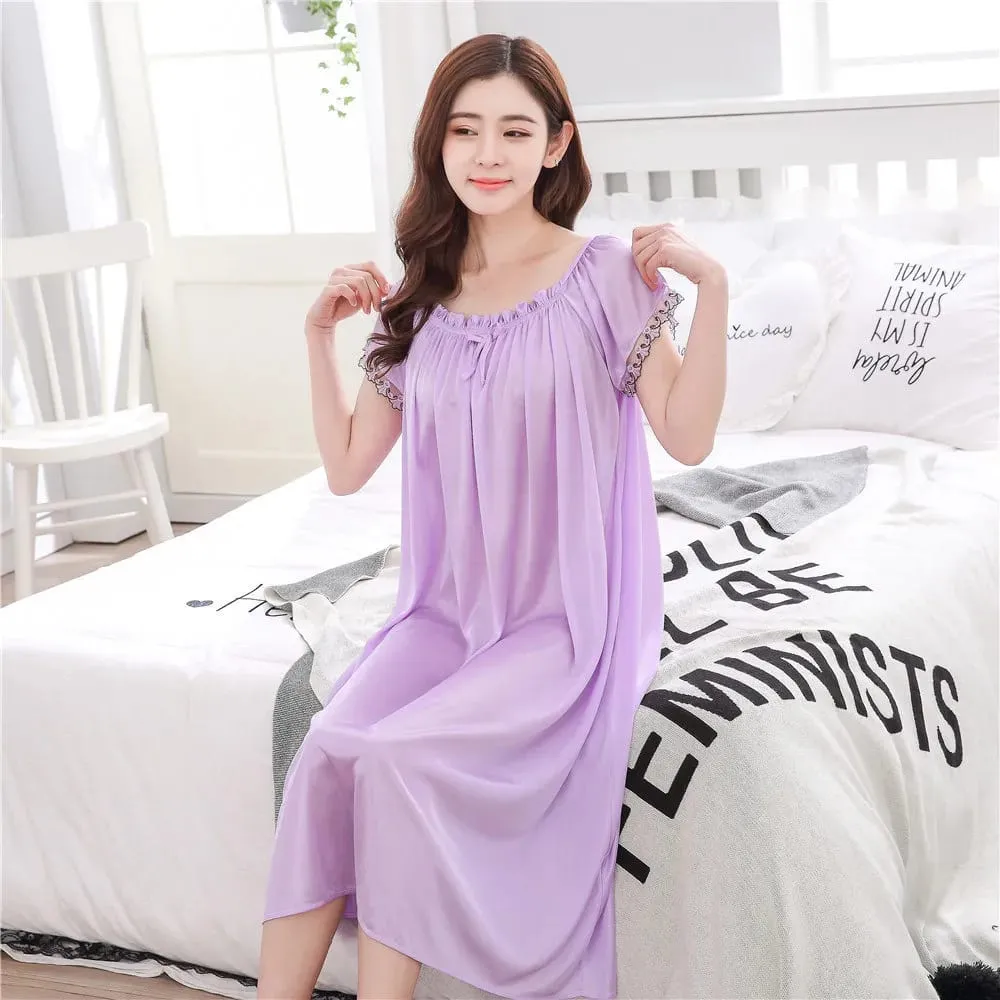 Long Nightdress Womens Lace Ice Silk Summer Short Sleeve Loose Nightgown S2438505