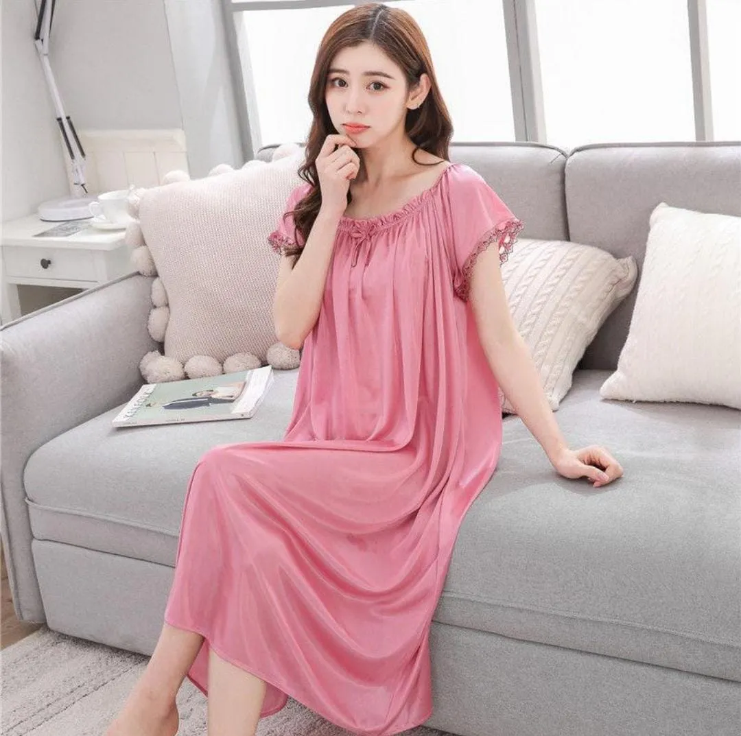 Long Nightdress Womens Lace Ice Silk Summer Short Sleeve Loose Nightgown S2438505