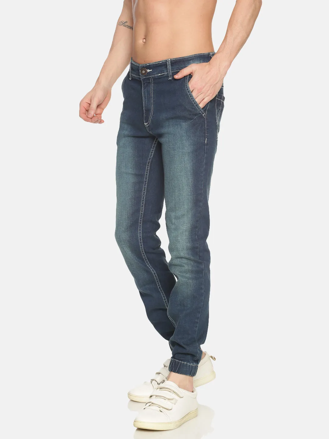 MEN'S DARK WASH BLUE SOLID SLIM FIT JEAN JOGGER