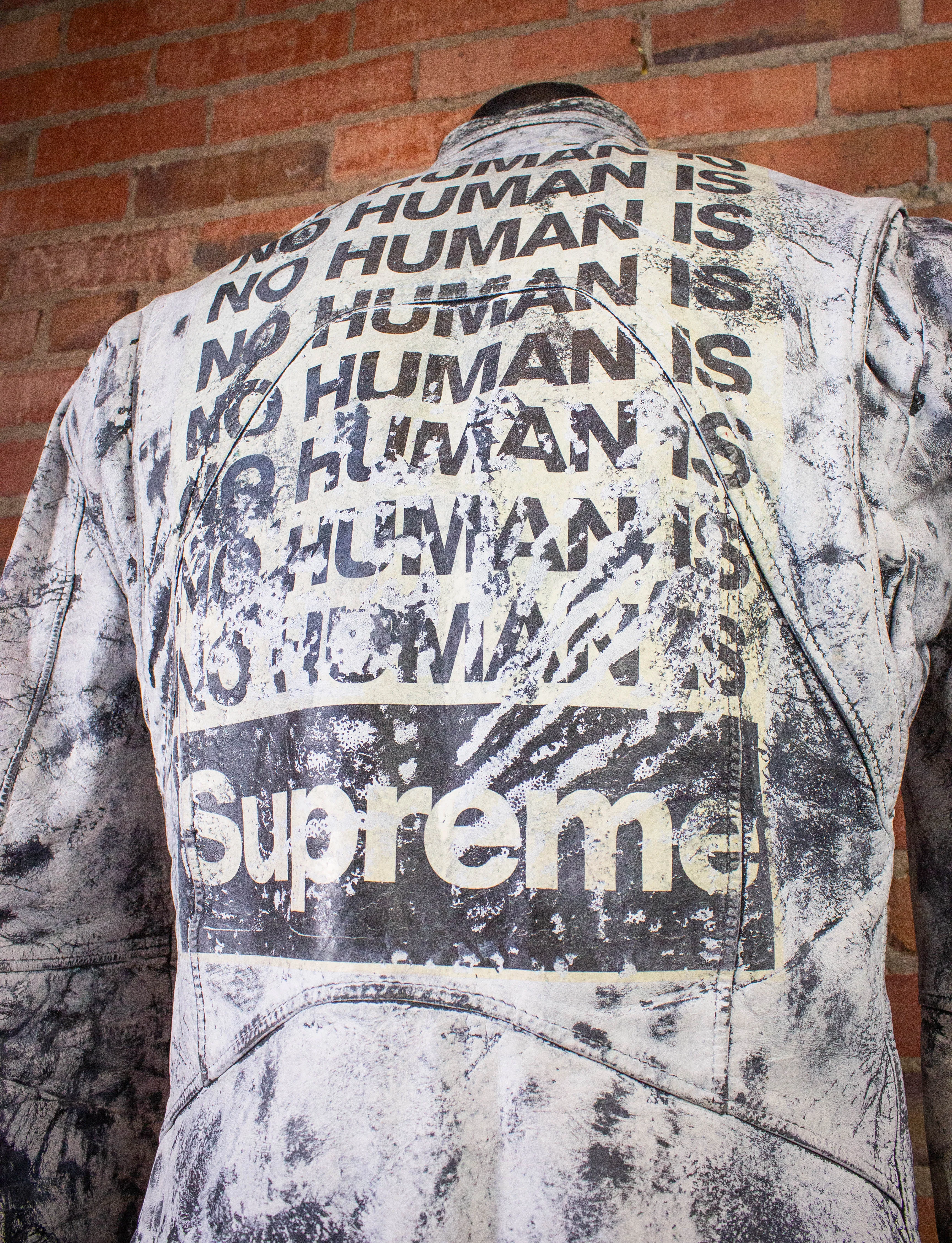 No Human is Supreme Leather Cafe Racer Jacket by Dead End Career Club White Small