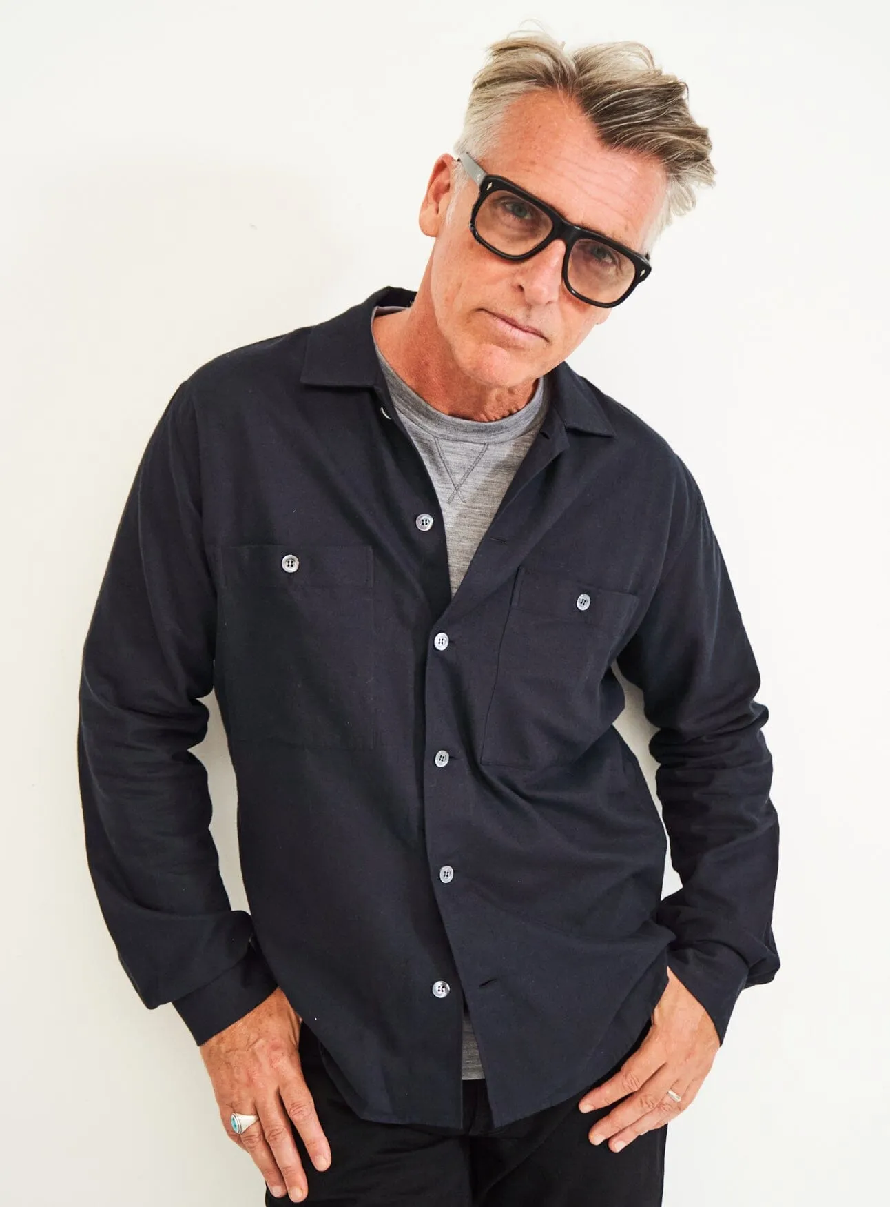 Recycled Italian Black Flannel Double Pocket Overshirt