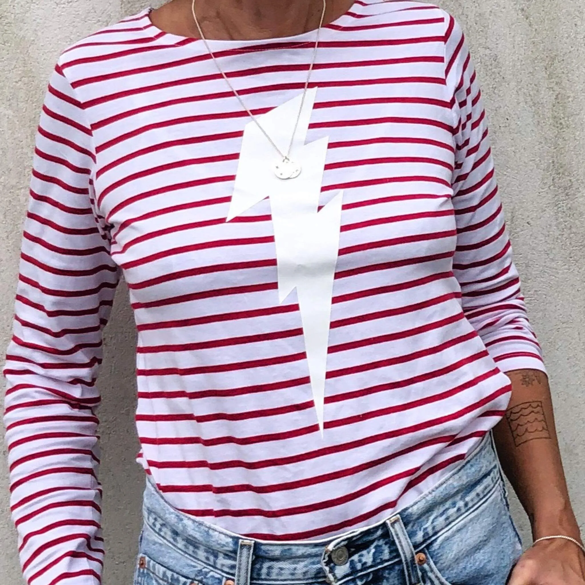 Striped Breton-Style Top with Lightning Bolt (Red or Navy Stripe)