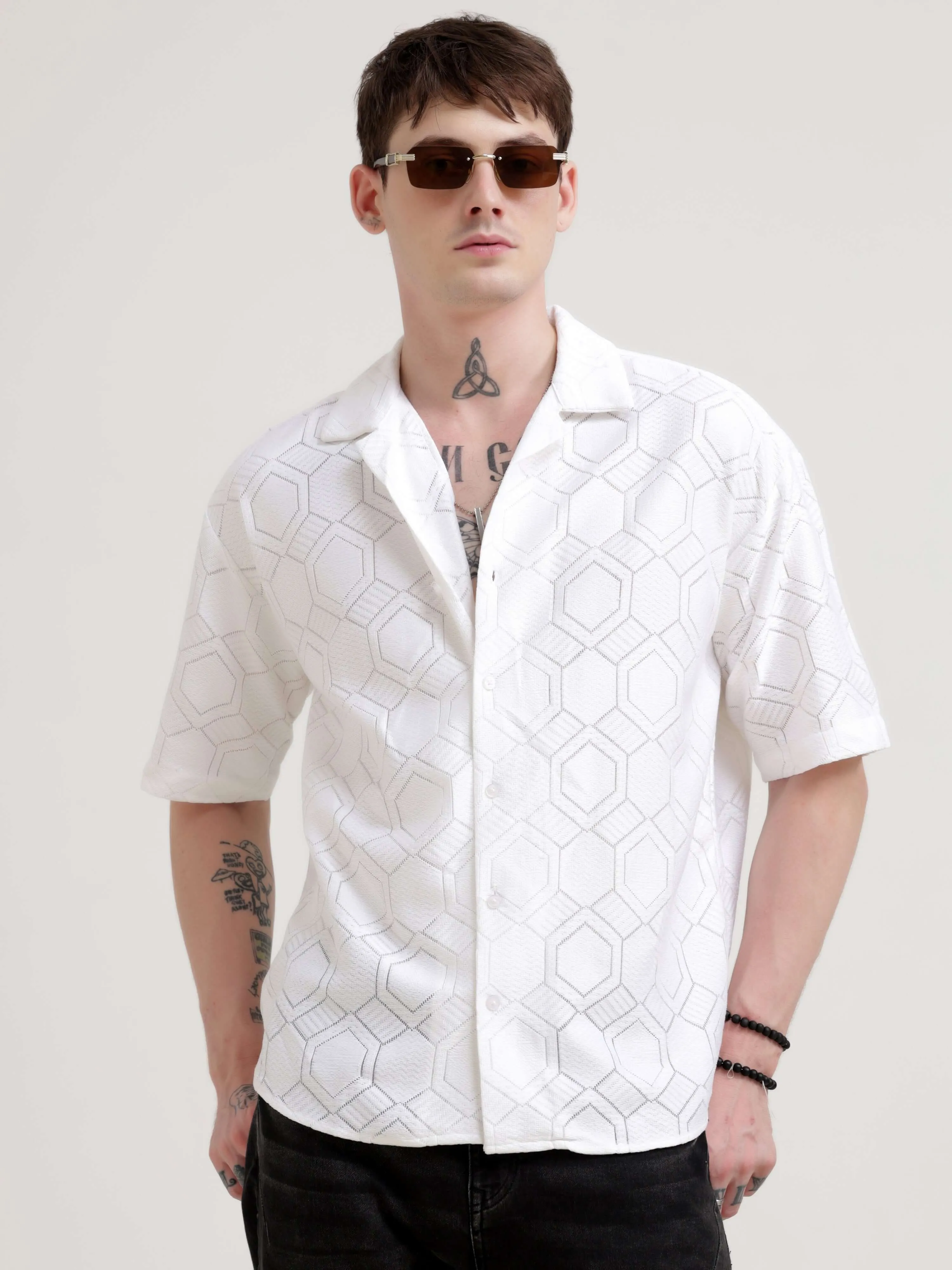 Texturiche quad off-white crochet oversized shirt