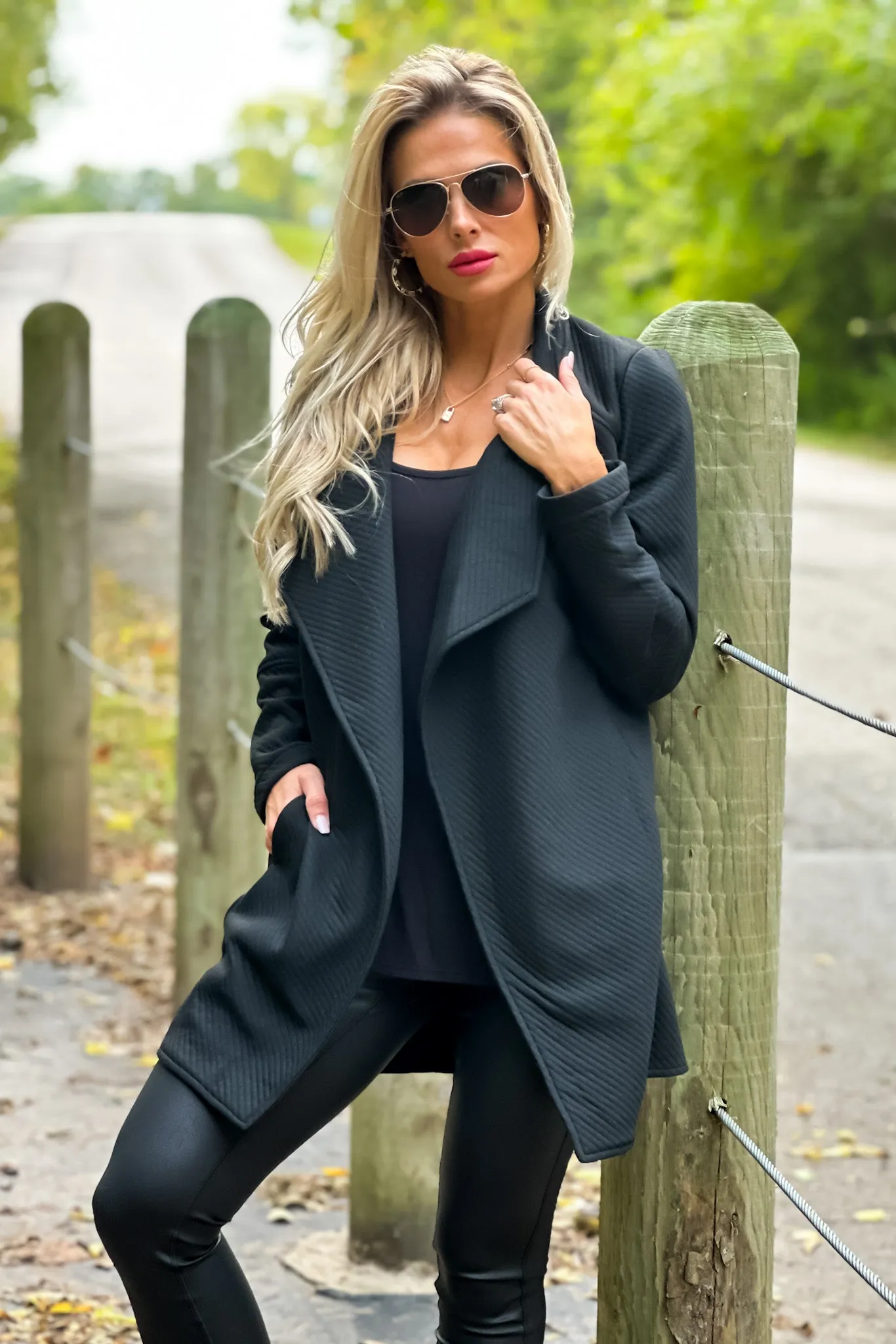 Top Notch Oversized Quilted Open Front Jacket : Black