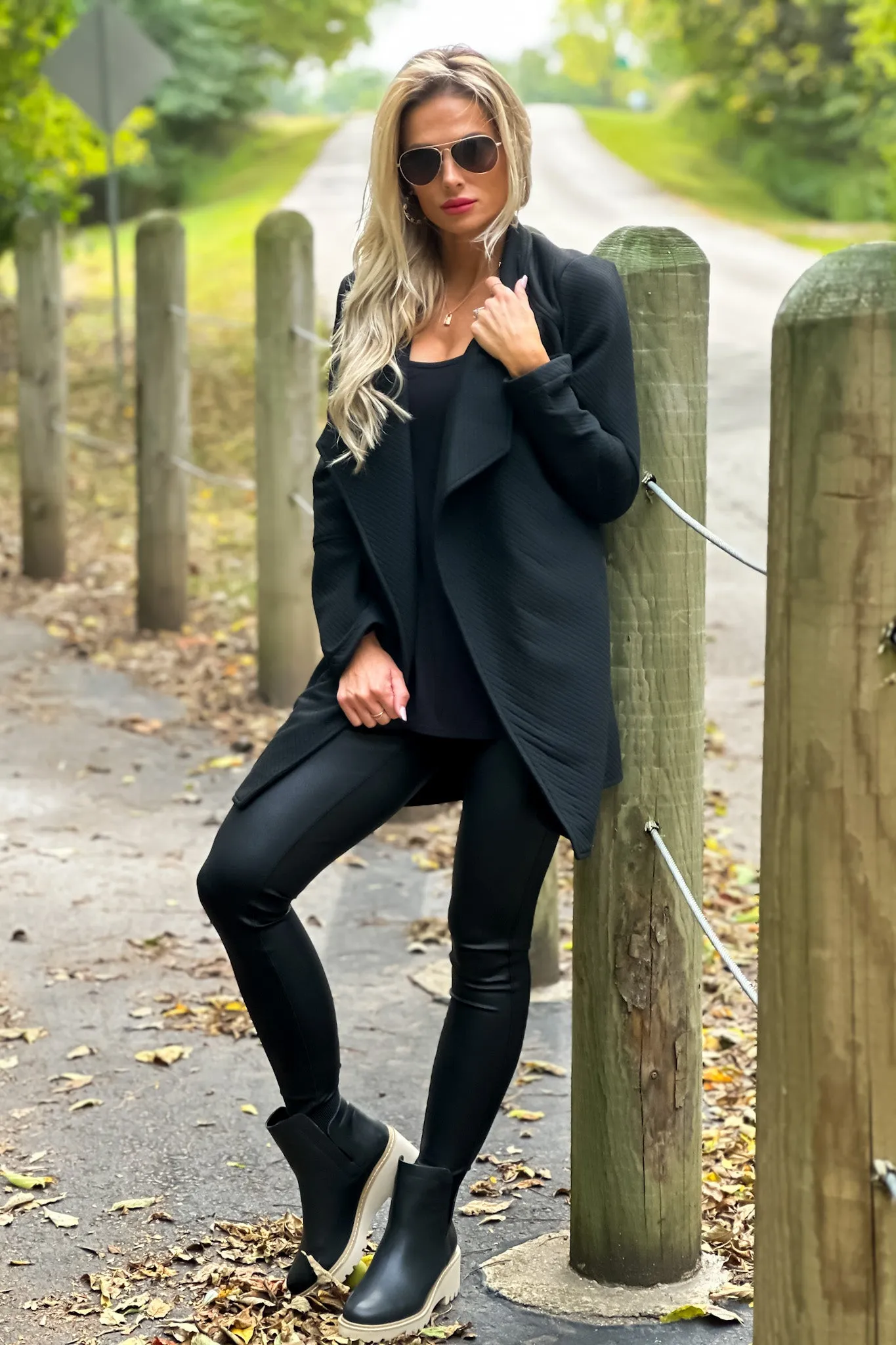 Top Notch Oversized Quilted Open Front Jacket : Black