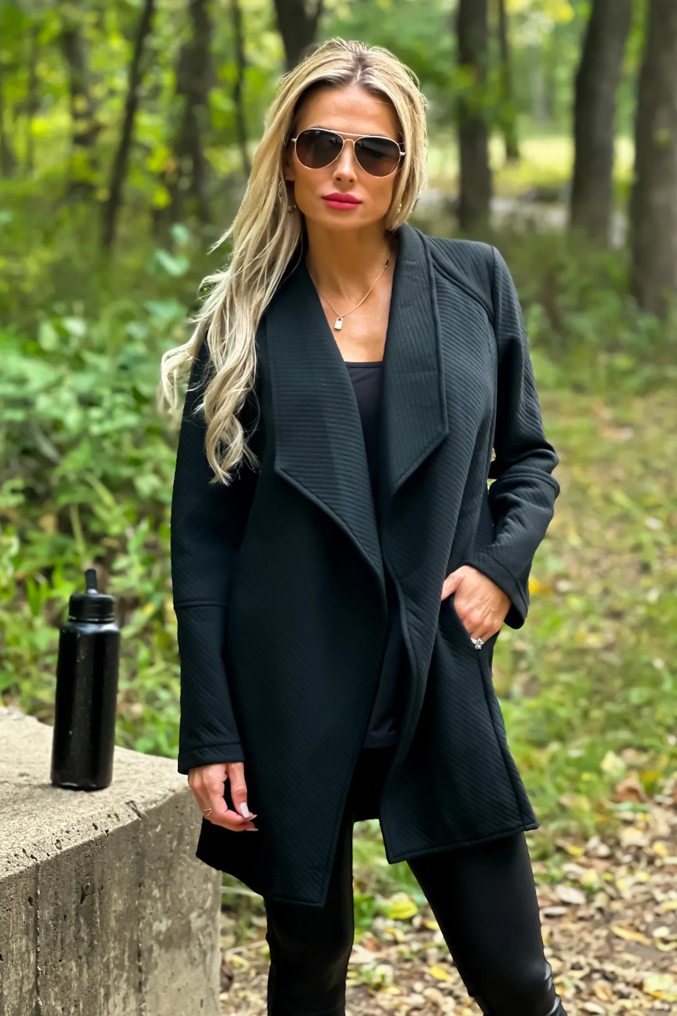 Top Notch Oversized Quilted Open Front Jacket : Black